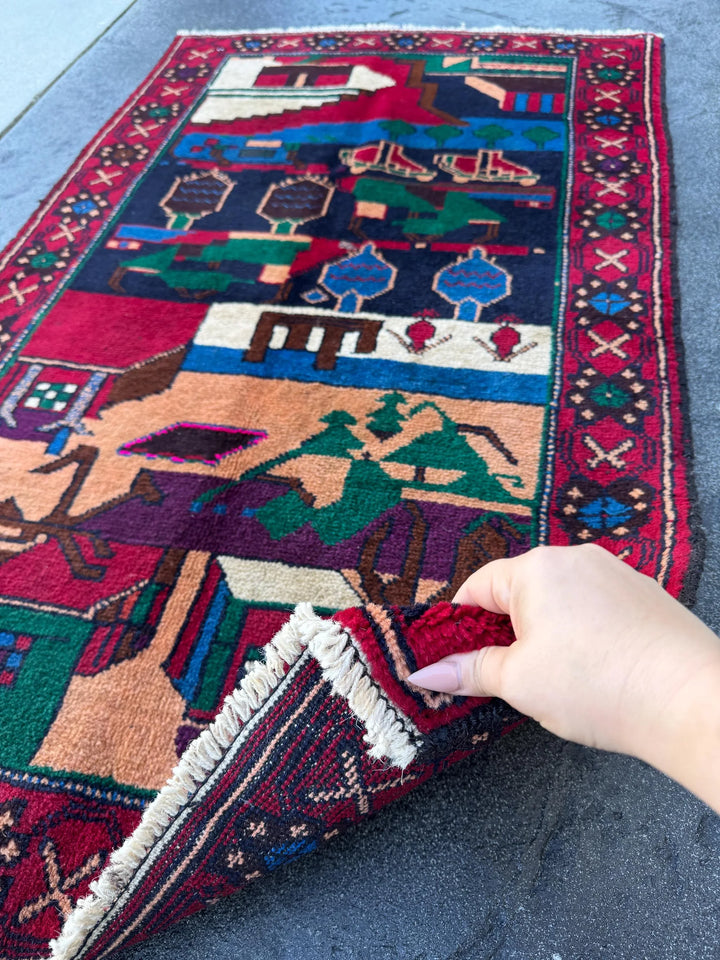 3x5 (91x152) Handmade Vintage Afghan Baluch Rug | Blood Red Eggplant Purple Denim Blud Peach Orange Fuchsia Pink Forest Green Cream White