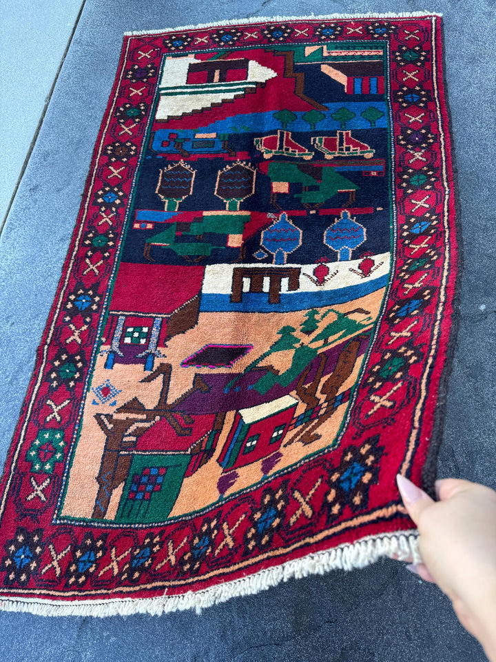 3x5 (91x152) Handmade Vintage Afghan Baluch Rug | Blood Red Eggplant Purple Denim Blud Peach Orange Fuchsia Pink Forest Green Cream White