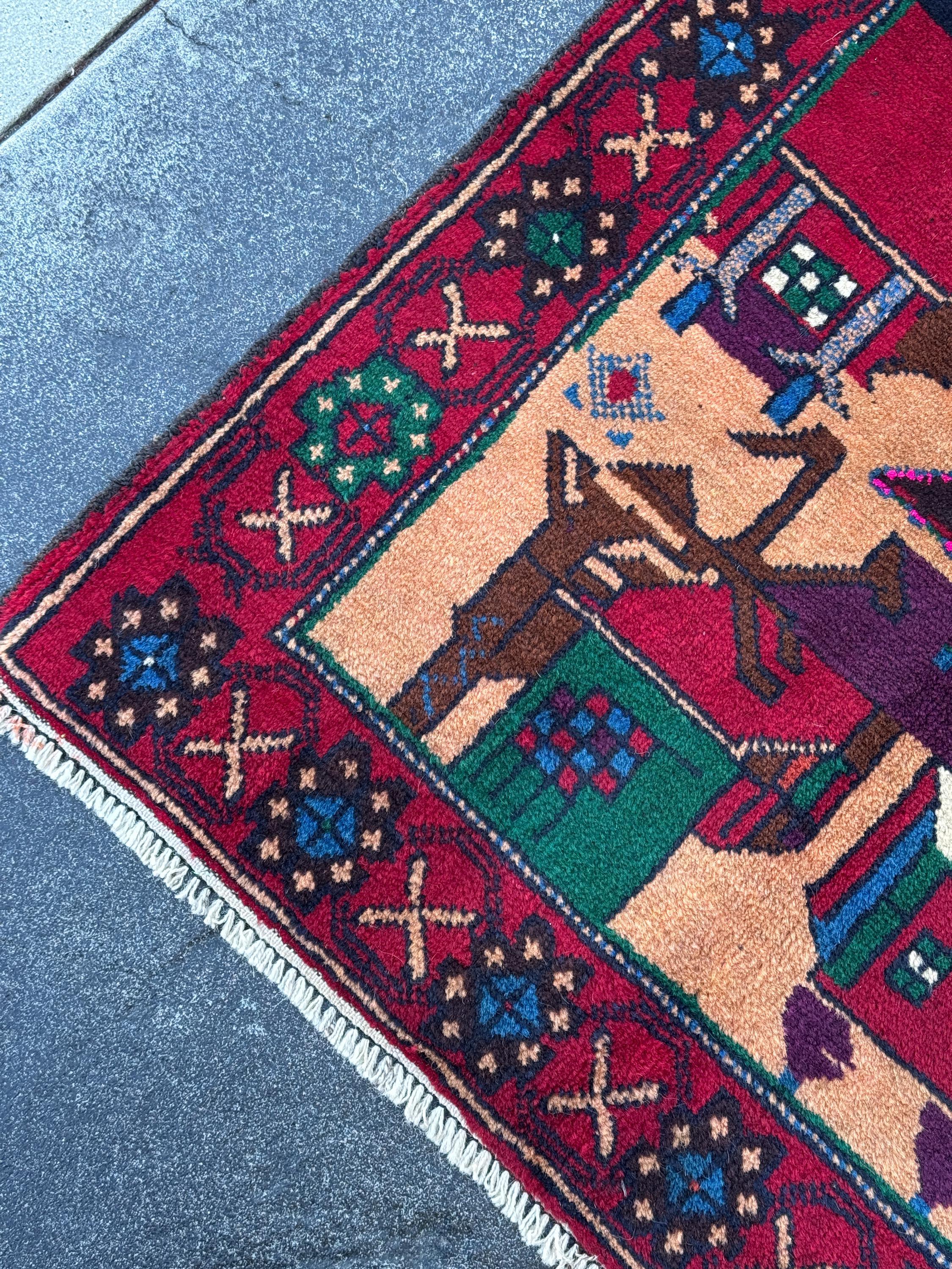 3x5 (91x152) Handmade Vintage Afghan Baluch Rug | Blood Red Eggplant Purple Denim Blud Peach Orange Fuchsia Pink Forest Green Cream White