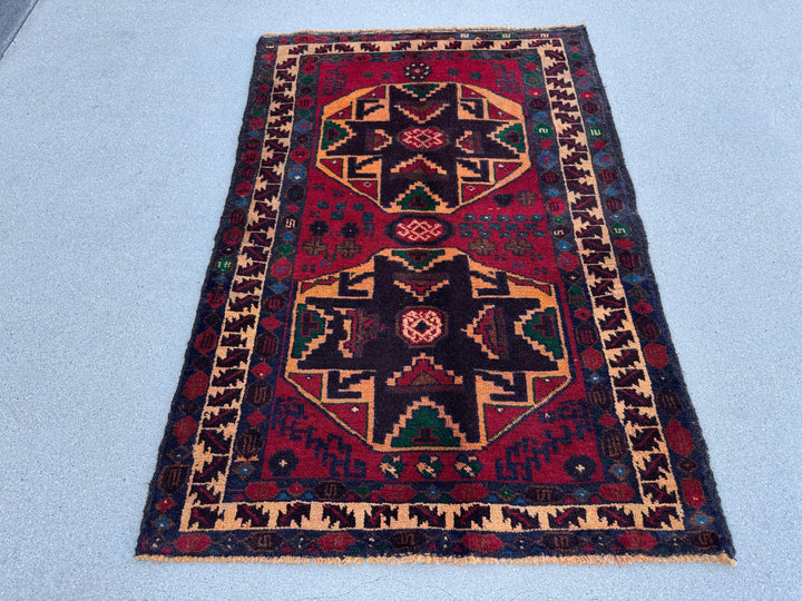 3x4 (91x121) Handmade Vintage Afghan Baluch Rug | Blood Auburn Red Gold Peach Orange Cream Black Midnight Denim Blue Forest Green Brown