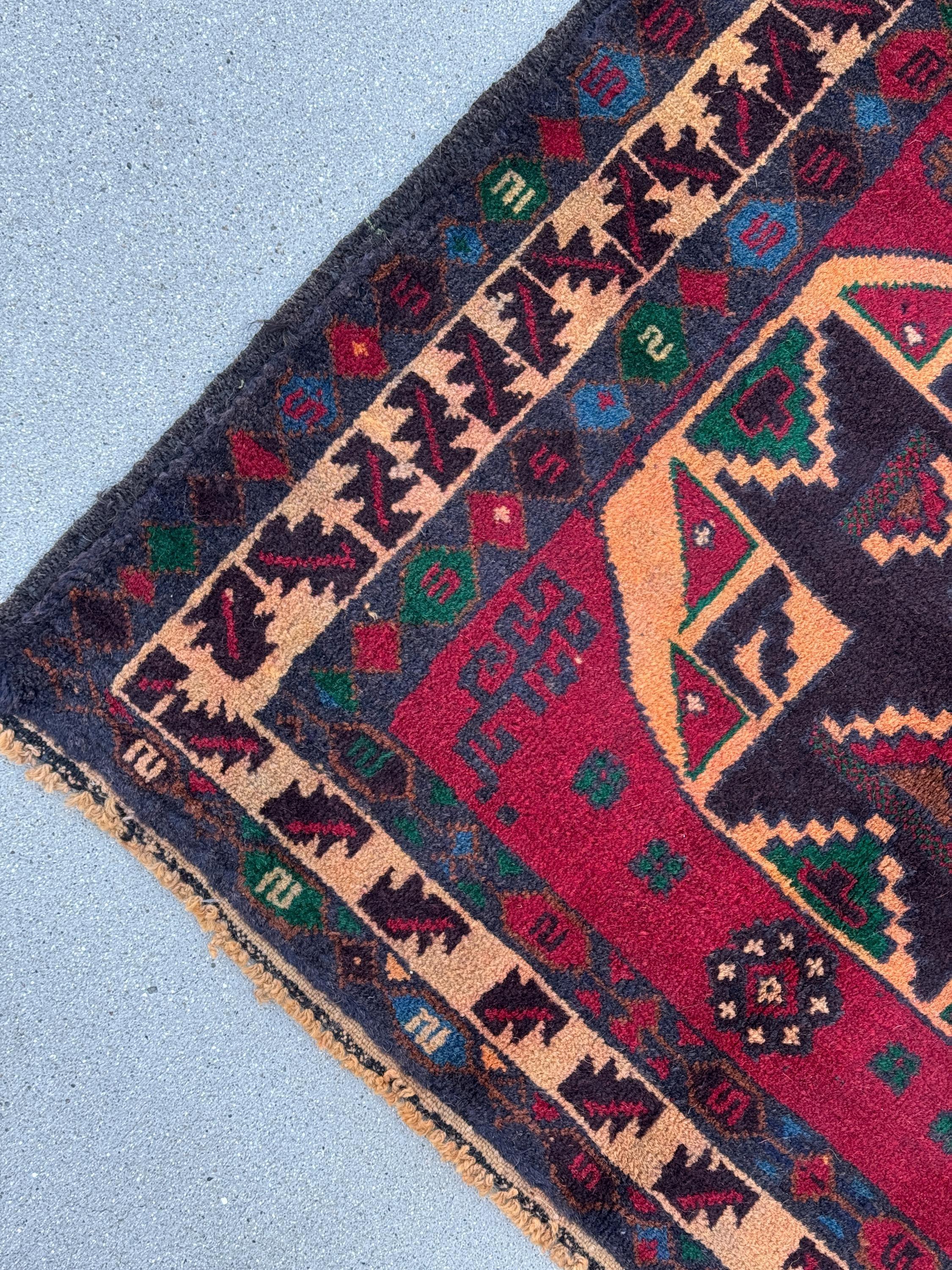 3x4 (91x121) Handmade Vintage Afghan Baluch Rug | Blood Auburn Red Gold Peach Orange Cream Black Midnight Denim Blue Forest Green Brown