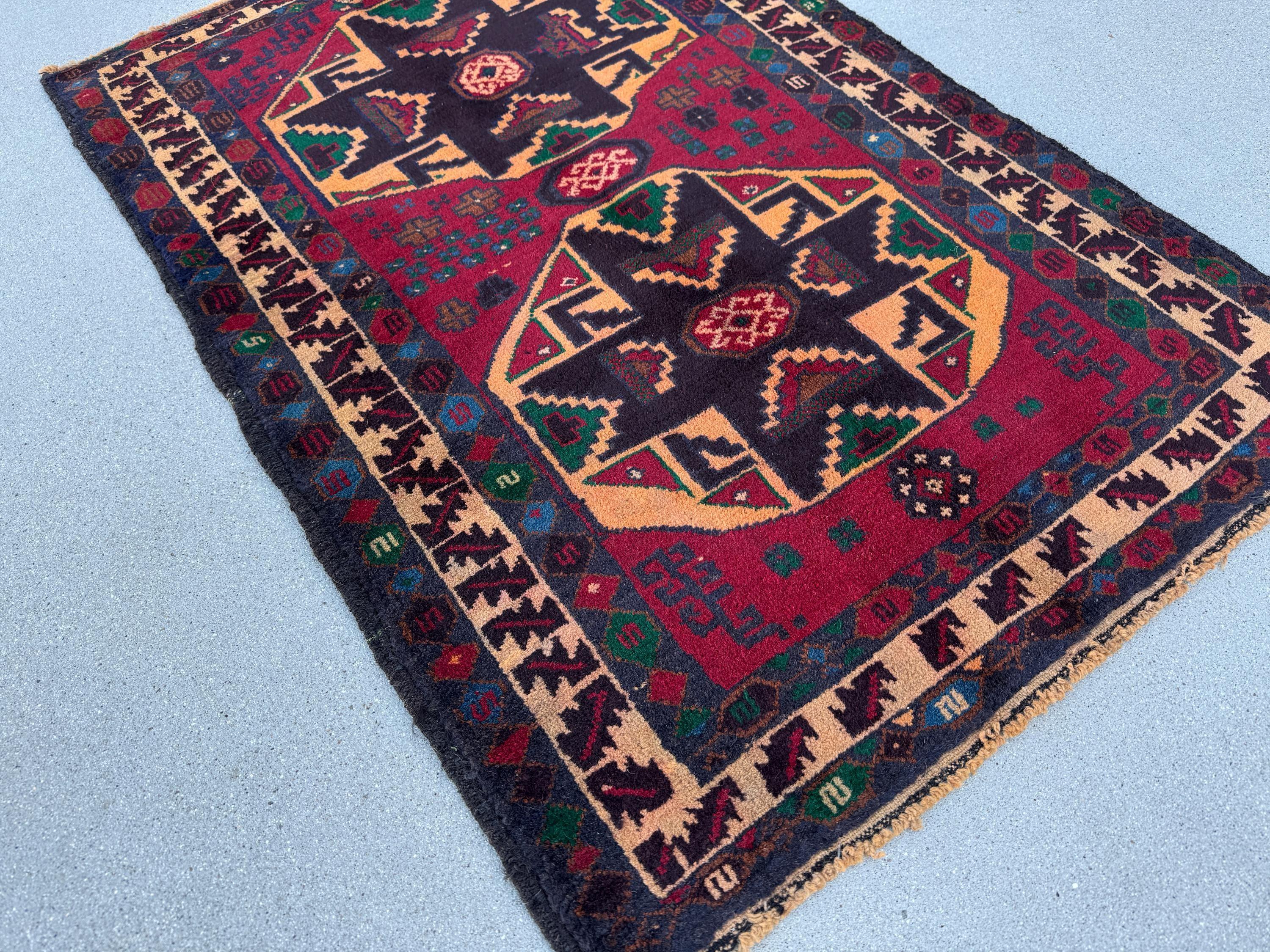 3x4 (91x121) Handmade Vintage Afghan Baluch Rug | Blood Auburn Red Gold Peach Orange Cream Black Midnight Denim Blue Forest Green Brown