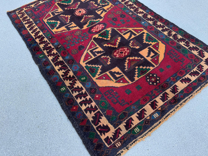3x4 (91x121) Handmade Vintage Afghan Baluch Rug | Blood Auburn Red Gold Peach Orange Cream Black Midnight Denim Blue Forest Green Brown