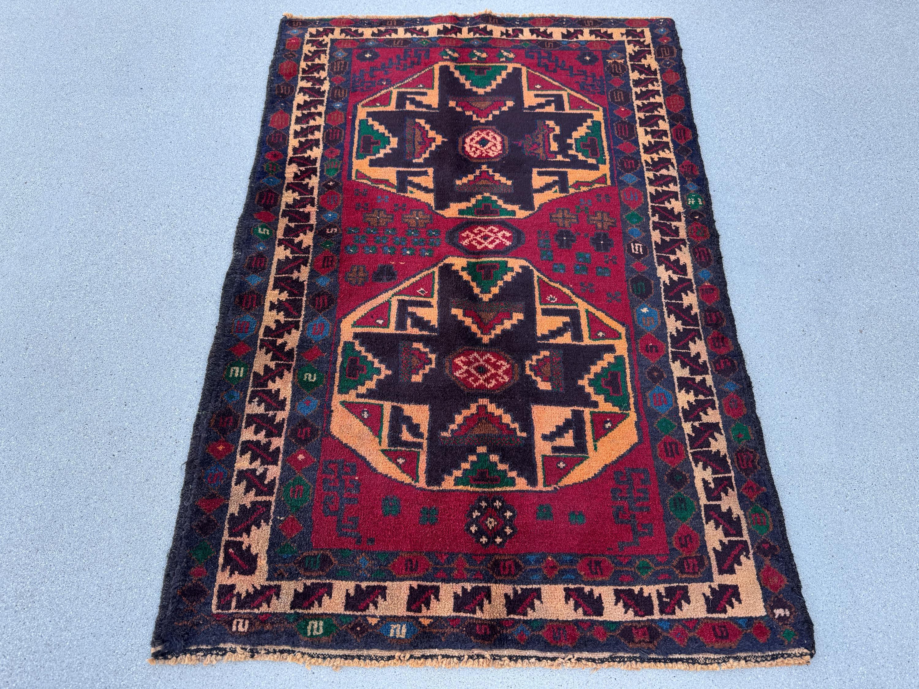 3x4 (91x121) Handmade Vintage Afghan Baluch Rug | Blood Auburn Red Gold Peach Orange Cream Black Midnight Denim Blue Forest Green Brown