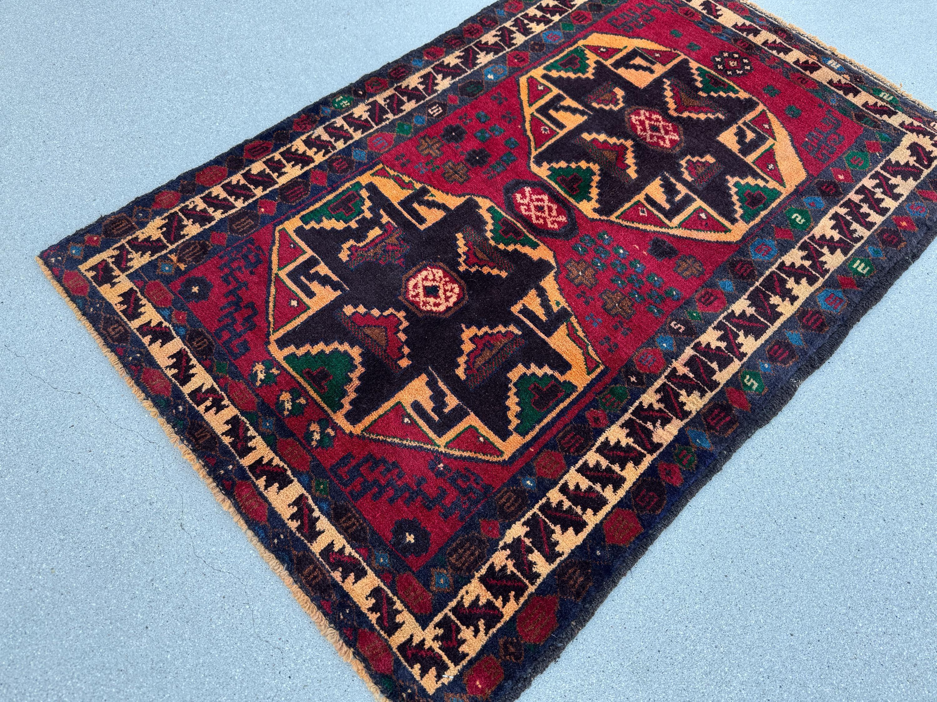 3x4 (91x121) Handmade Vintage Afghan Baluch Rug | Blood Auburn Red Gold Peach Orange Cream Black Midnight Denim Blue Forest Green Brown