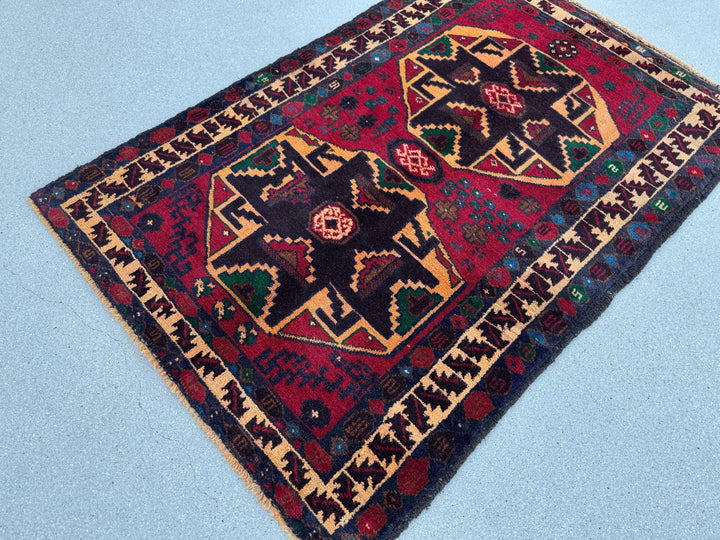 3x4 (91x121) Handmade Vintage Afghan Baluch Rug | Blood Auburn Red Gold Peach Orange Cream Black Midnight Denim Blue Forest Green Brown