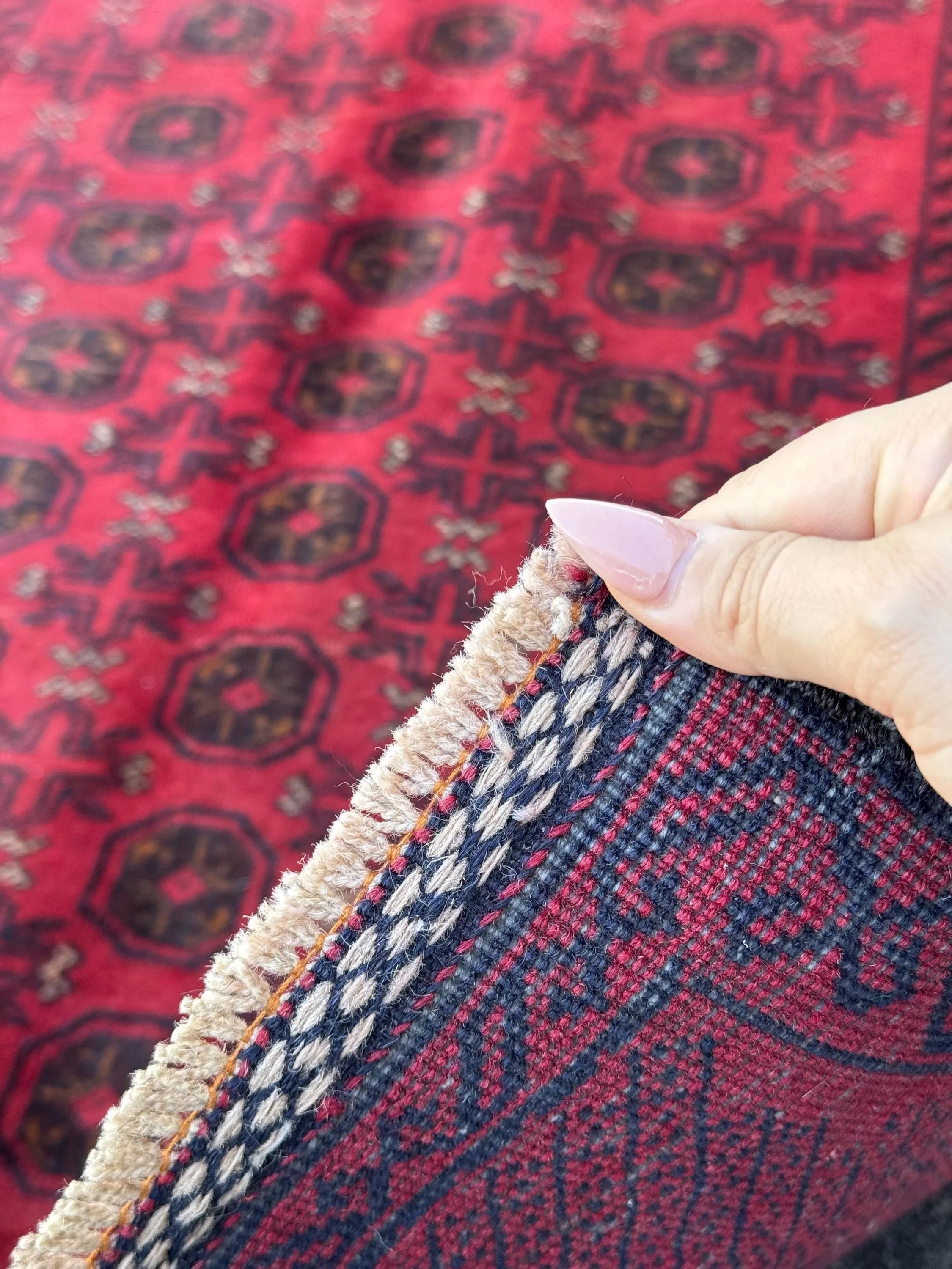 3x5 (91x152) Handmade Vintage Afghan Baluch Rug | Crimson Blood Garnet Red Black Cream White | Wool Geometric Traditional Turkmen