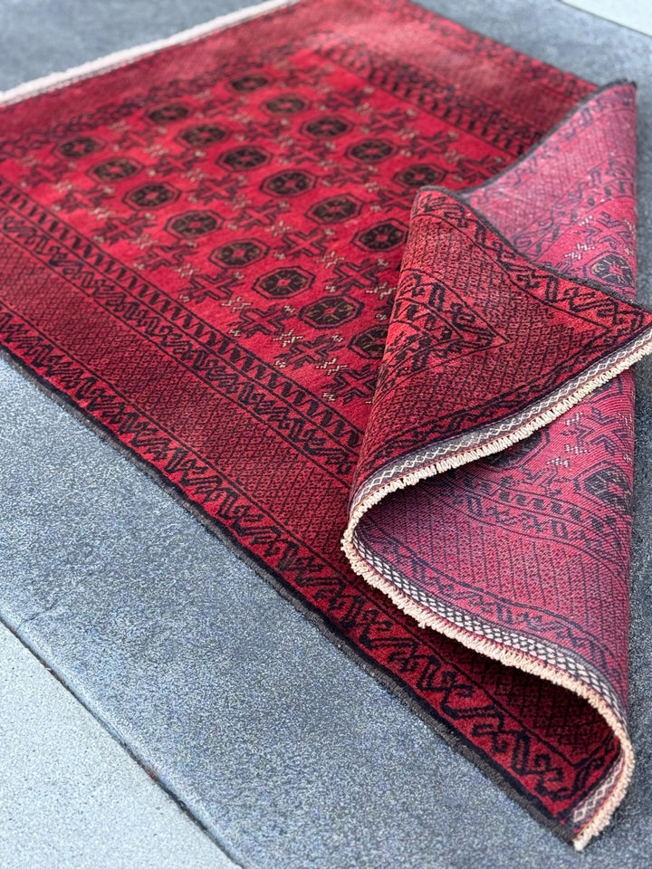 3x5 (91x152) Handmade Vintage Afghan Baluch Rug | Crimson Blood Garnet Red Black Cream White | Wool Geometric Traditional Turkmen