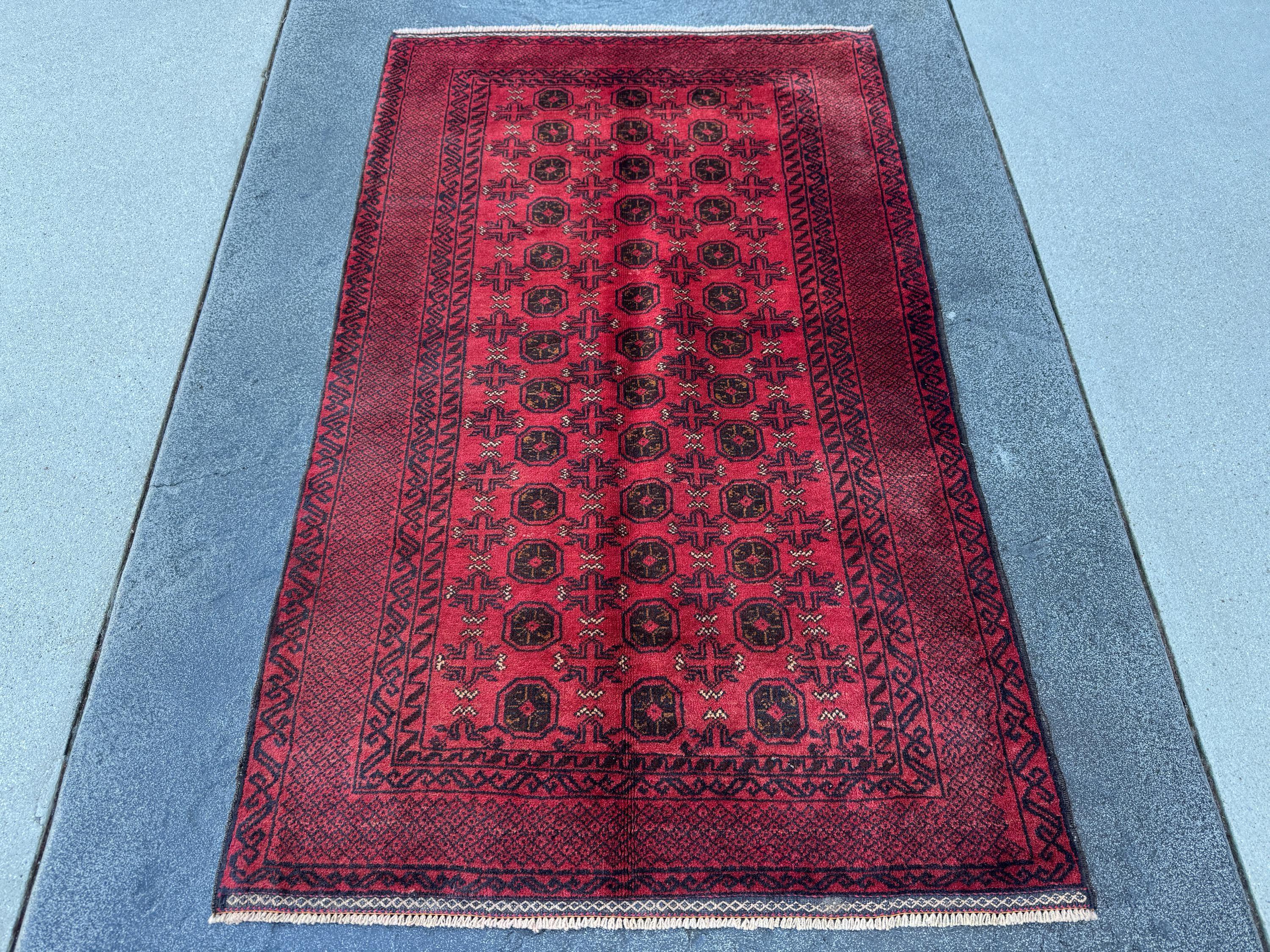 3x5 (91x152) Handmade Vintage Afghan Baluch Rug | Crimson Blood Garnet Red Black Cream White | Wool Geometric Traditional Turkmen