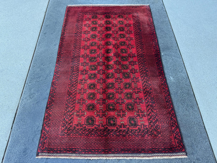 3x5 (91x152) Handmade Vintage Afghan Baluch Rug | Crimson Blood Garnet Red Black Cream White | Wool Geometric Traditional Turkmen