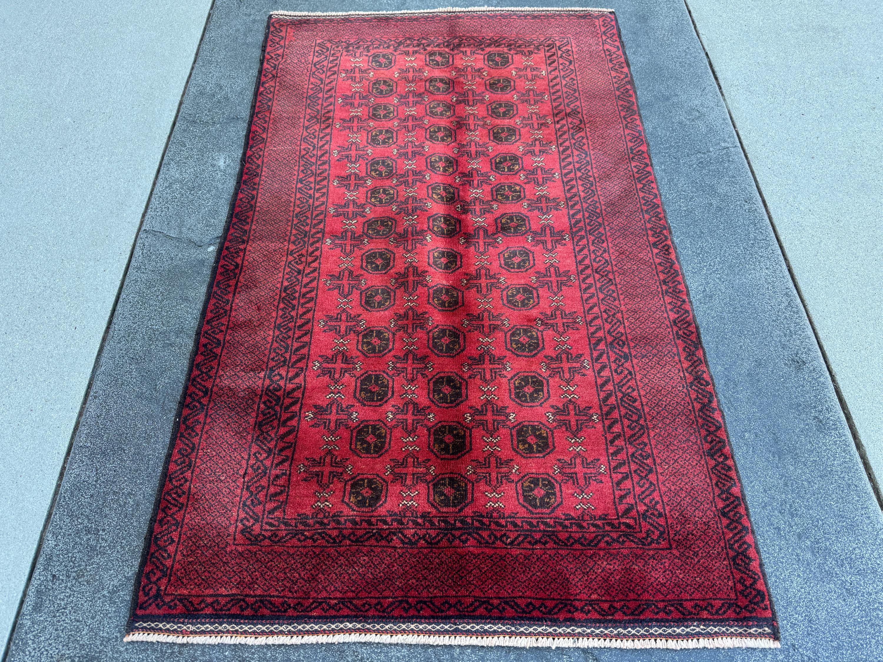 3x5 (91x152) Handmade Vintage Afghan Baluch Rug | Crimson Blood Garnet Red Black Cream White | Wool Geometric Traditional Turkmen