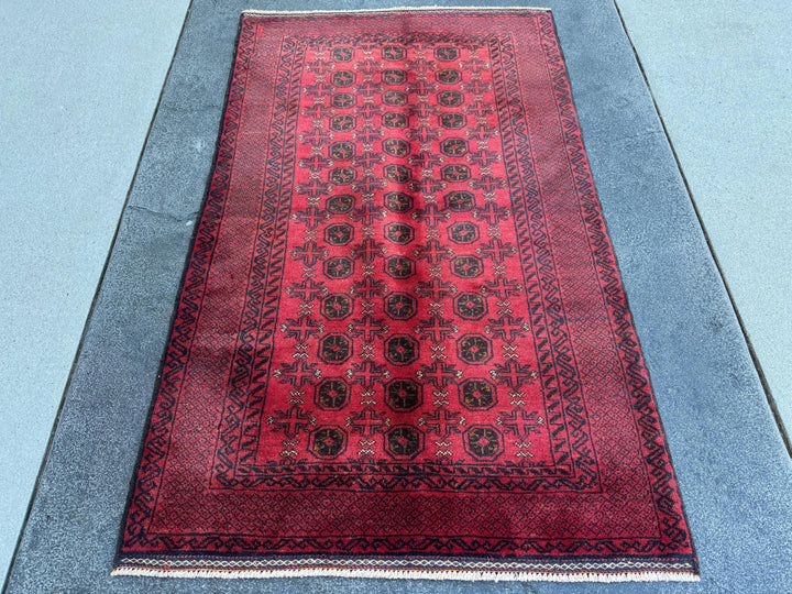 3x5 (91x152) Handmade Vintage Afghan Baluch Rug | Crimson Blood Garnet Red Black Cream White | Wool Geometric Traditional Turkmen