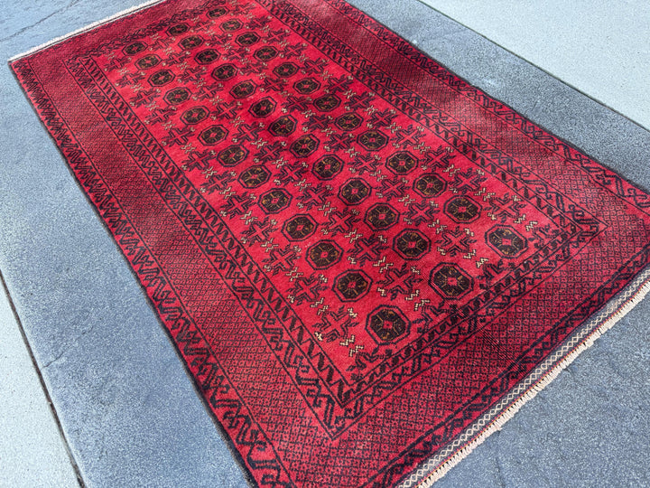 3x5 (91x152) Handmade Vintage Afghan Baluch Rug | Crimson Blood Garnet Red Black Cream White | Wool Geometric Traditional Turkmen