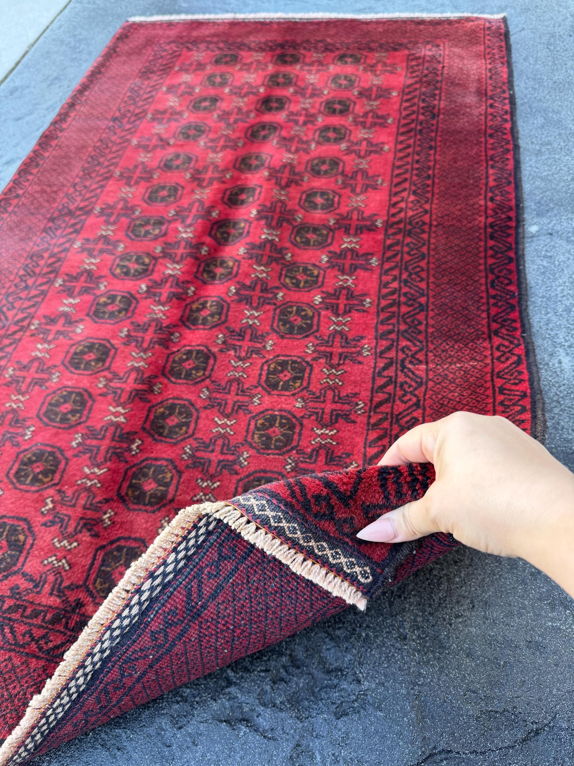 3x5 (91x152) Handmade Vintage Afghan Baluch Rug | Crimson Blood Garnet Red Black Cream White | Wool Geometric Traditional Turkmen