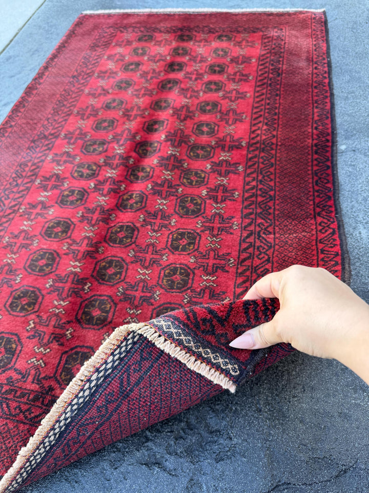 3x5 (91x152) Handmade Vintage Afghan Baluch Rug | Crimson Blood Garnet Red Black Cream White | Wool Geometric Traditional Turkmen