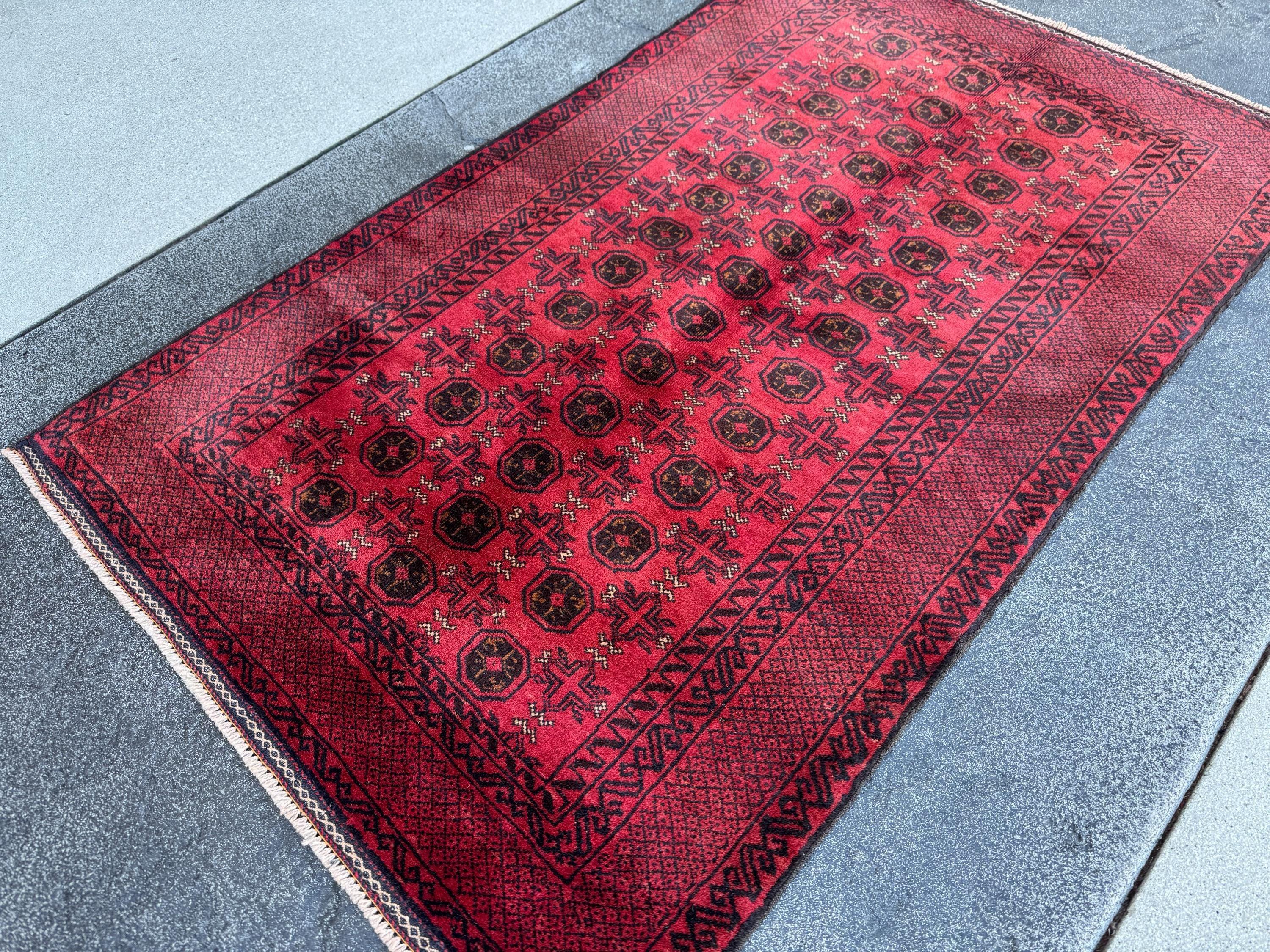 3x5 (91x152) Handmade Vintage Afghan Baluch Rug | Crimson Blood Garnet Red Black Cream White | Wool Geometric Traditional Turkmen