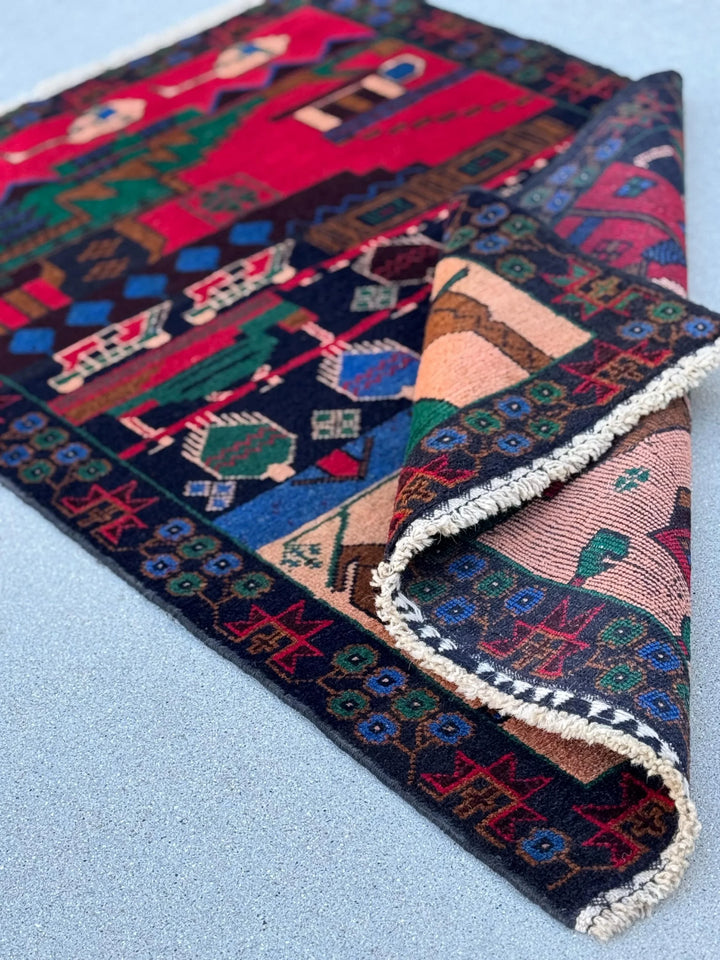 3x5 (91x152) Handmade Vintage Afghan Baluch Rug | Crimson Red Denim Blue Salmon Coral Pink Orange Forest Green Caramel Brown Black | Wool