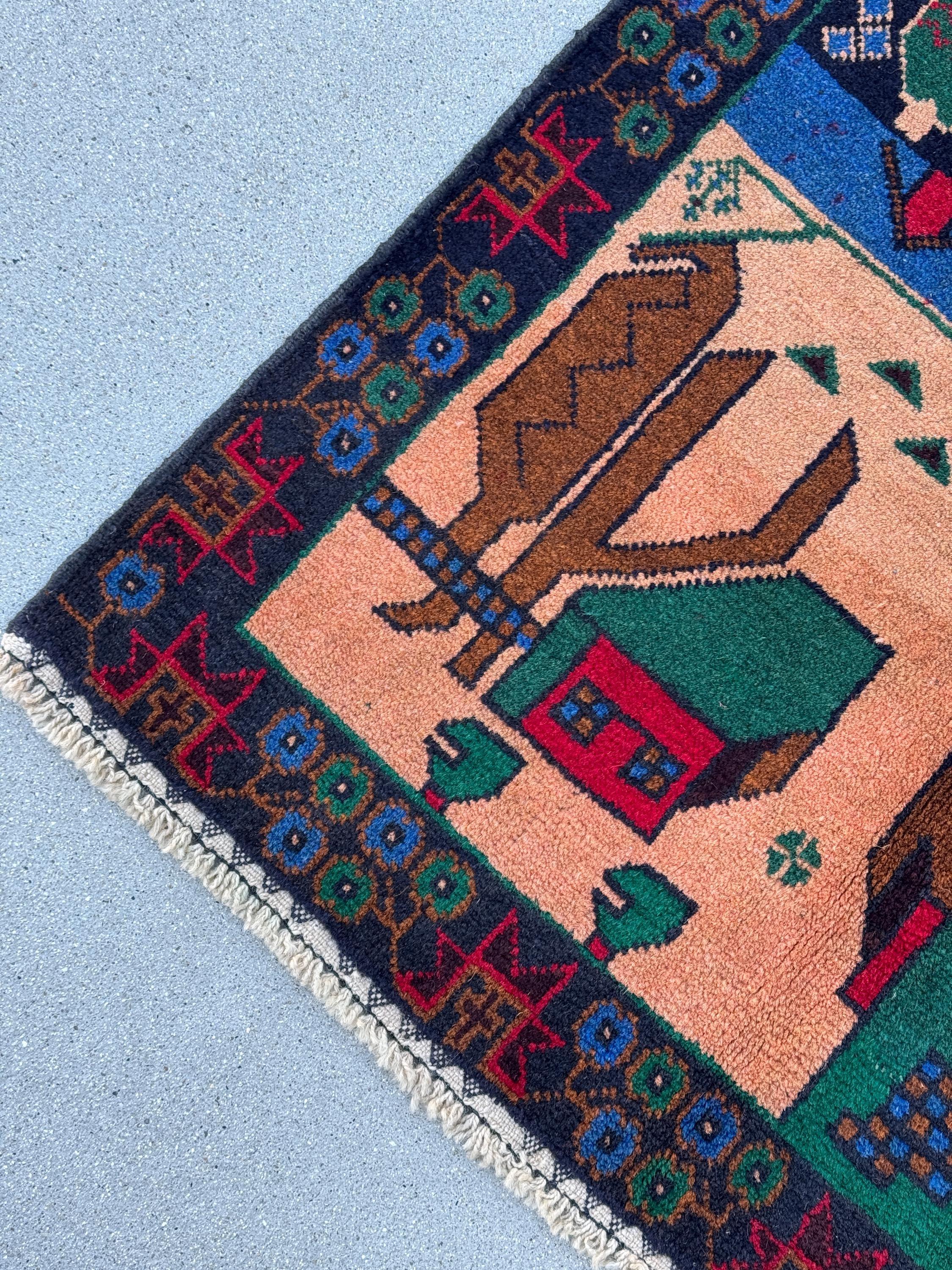 3x5 (91x152) Handmade Vintage Afghan Baluch Rug | Crimson Red Denim Blue Salmon Coral Pink Orange Forest Green Caramel Brown Black | Wool