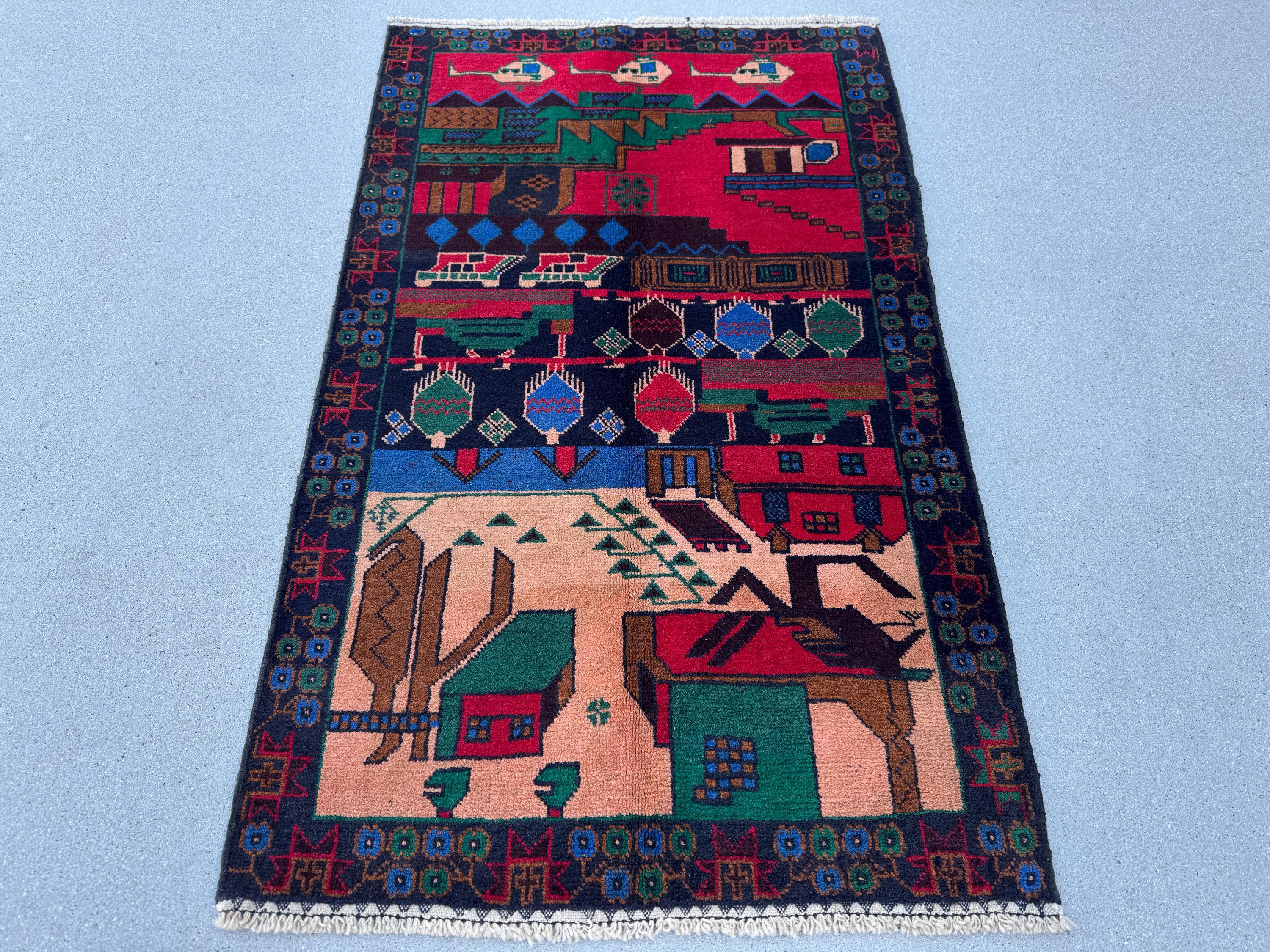 3x5 (91x152) Handmade Vintage Afghan Baluch Rug | Crimson Red Denim Blue Salmon Coral Pink Orange Forest Green Caramel Brown Black | Wool