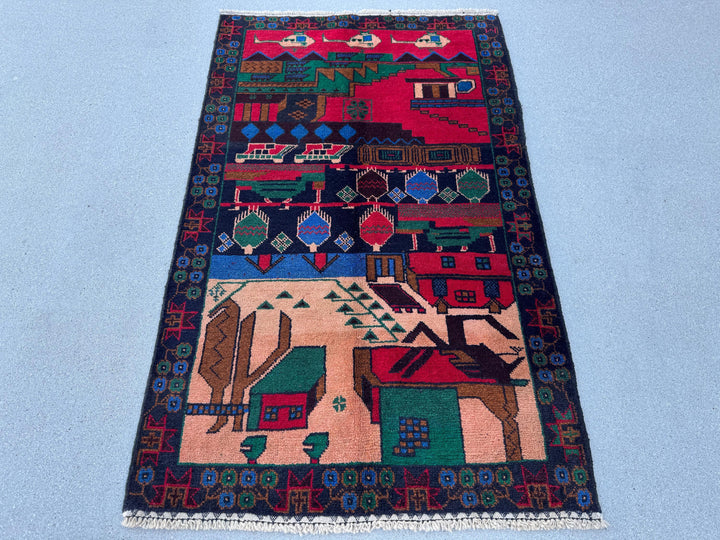 3x5 (91x152) Handmade Vintage Afghan Baluch Rug | Crimson Red Denim Blue Salmon Coral Pink Orange Forest Green Caramel Brown Black | Wool