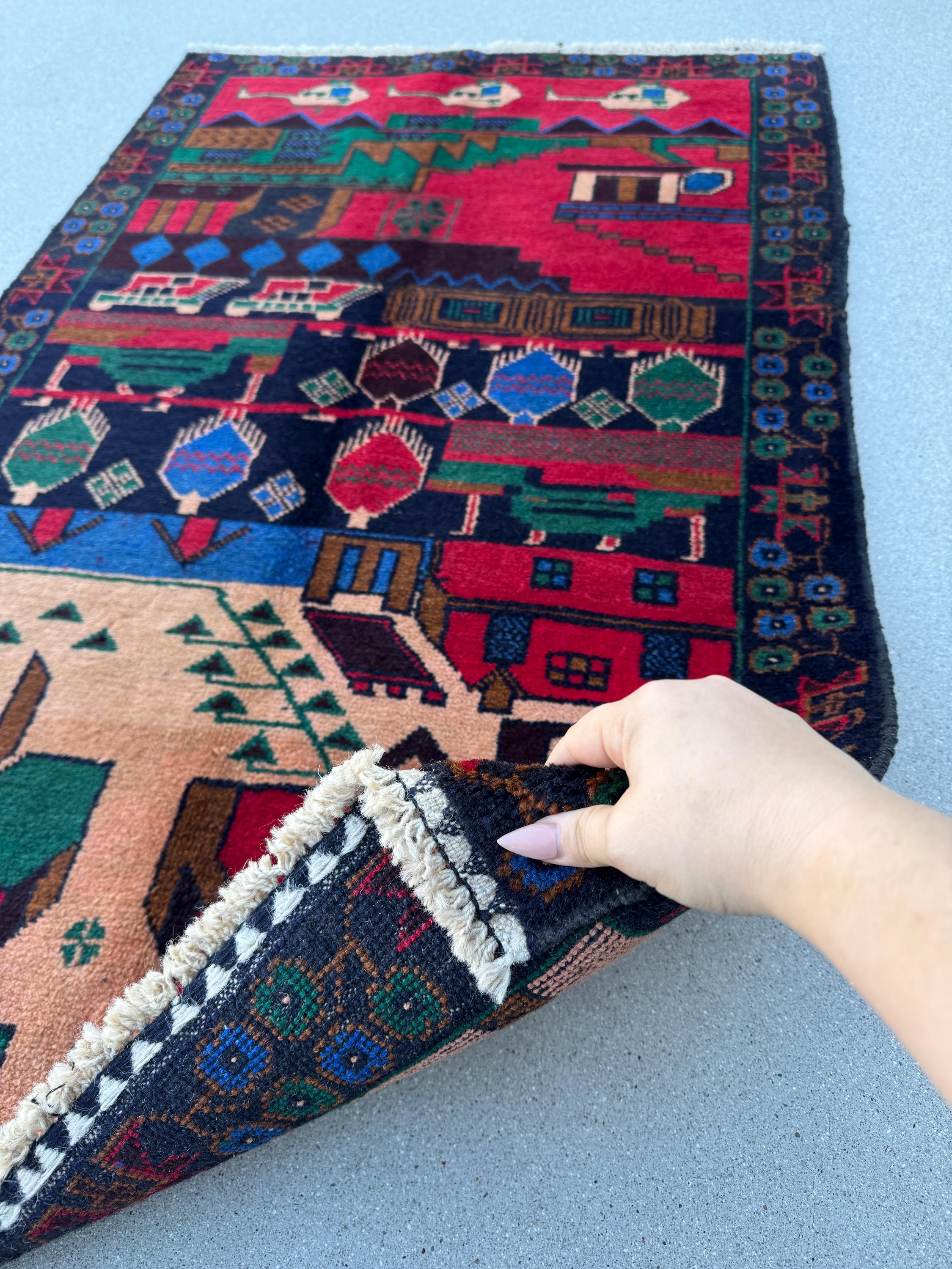3x5 (91x152) Handmade Vintage Afghan Baluch Rug | Crimson Red Denim Blue Salmon Coral Pink Orange Forest Green Caramel Brown Black | Wool