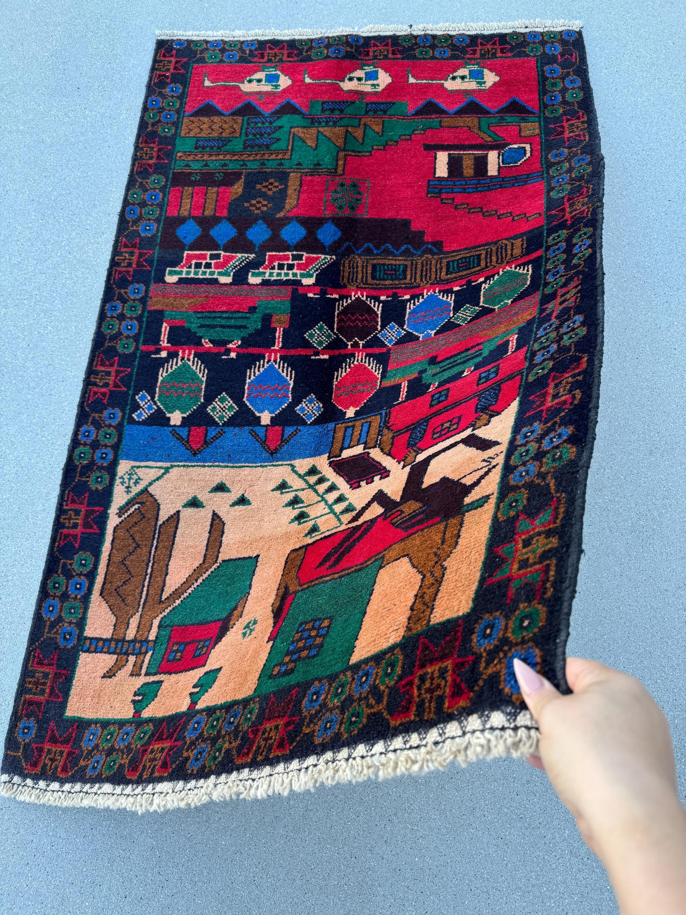 3x5 (91x152) Handmade Vintage Afghan Baluch Rug | Crimson Red Denim Blue Salmon Coral Pink Orange Forest Green Caramel Brown Black | Wool
