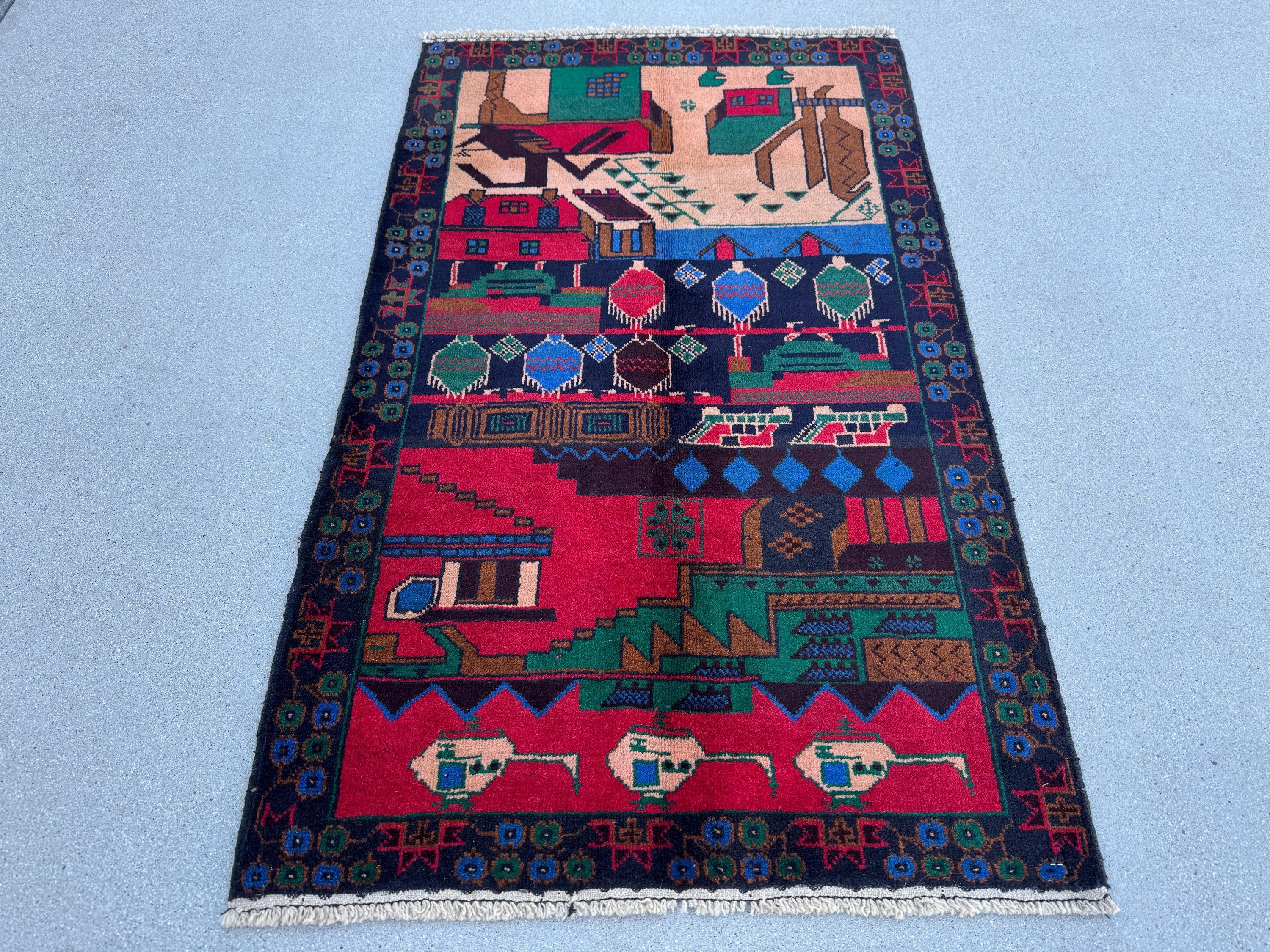3x5 (91x152) Handmade Vintage Afghan Baluch Rug | Crimson Red Denim Blue Salmon Coral Pink Orange Forest Green Caramel Brown Black | Wool