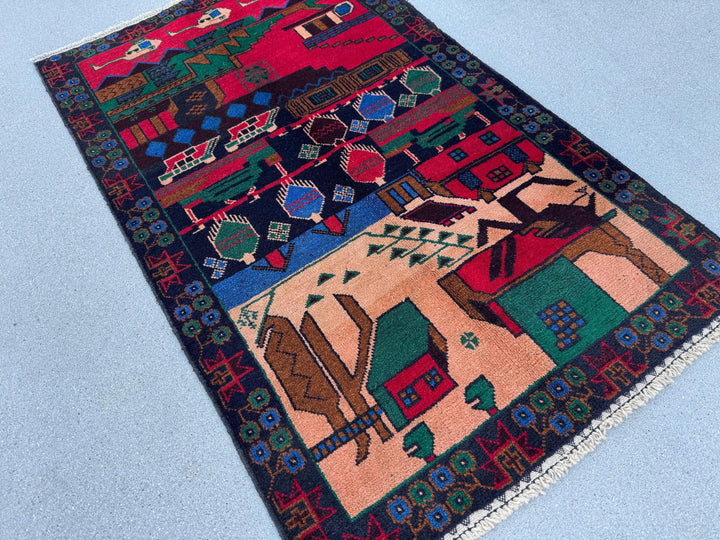 3x5 (91x152) Handmade Vintage Afghan Baluch Rug | Crimson Red Denim Blue Salmon Coral Pink Orange Forest Green Caramel Brown Black | Wool
