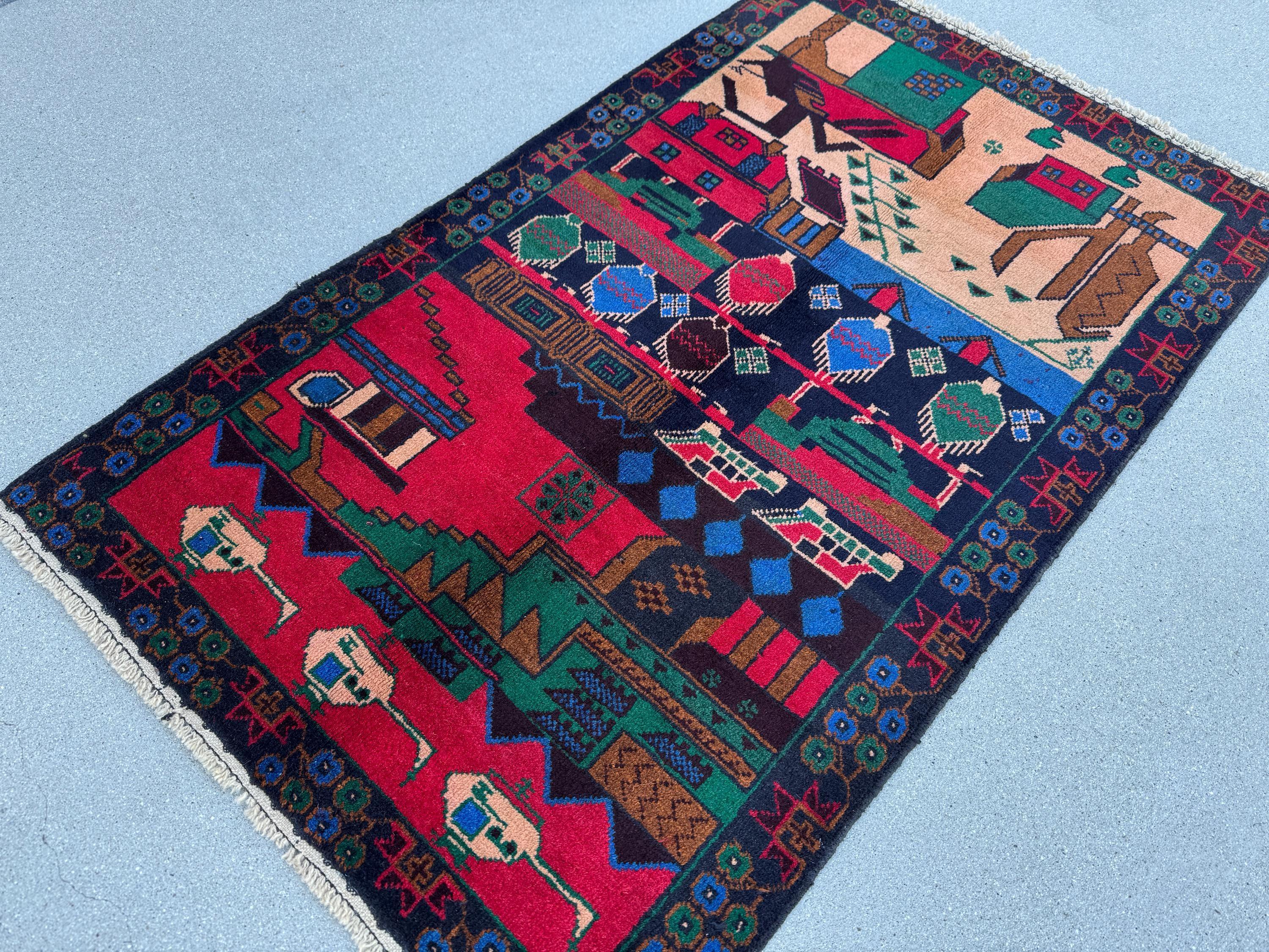 3x5 (91x152) Handmade Vintage Afghan Baluch Rug | Crimson Red Denim Blue Salmon Coral Pink Orange Forest Green Caramel Brown Black | Wool