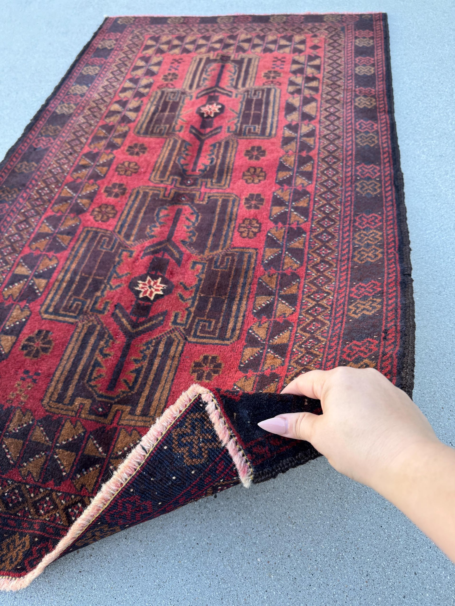 3x5 (91x152) Handmade Vintage Afghan Baluch Rug | Crimson Garnet Maroon Wine Red Black Rust Orange White Caramel Brown | Wool Traditional