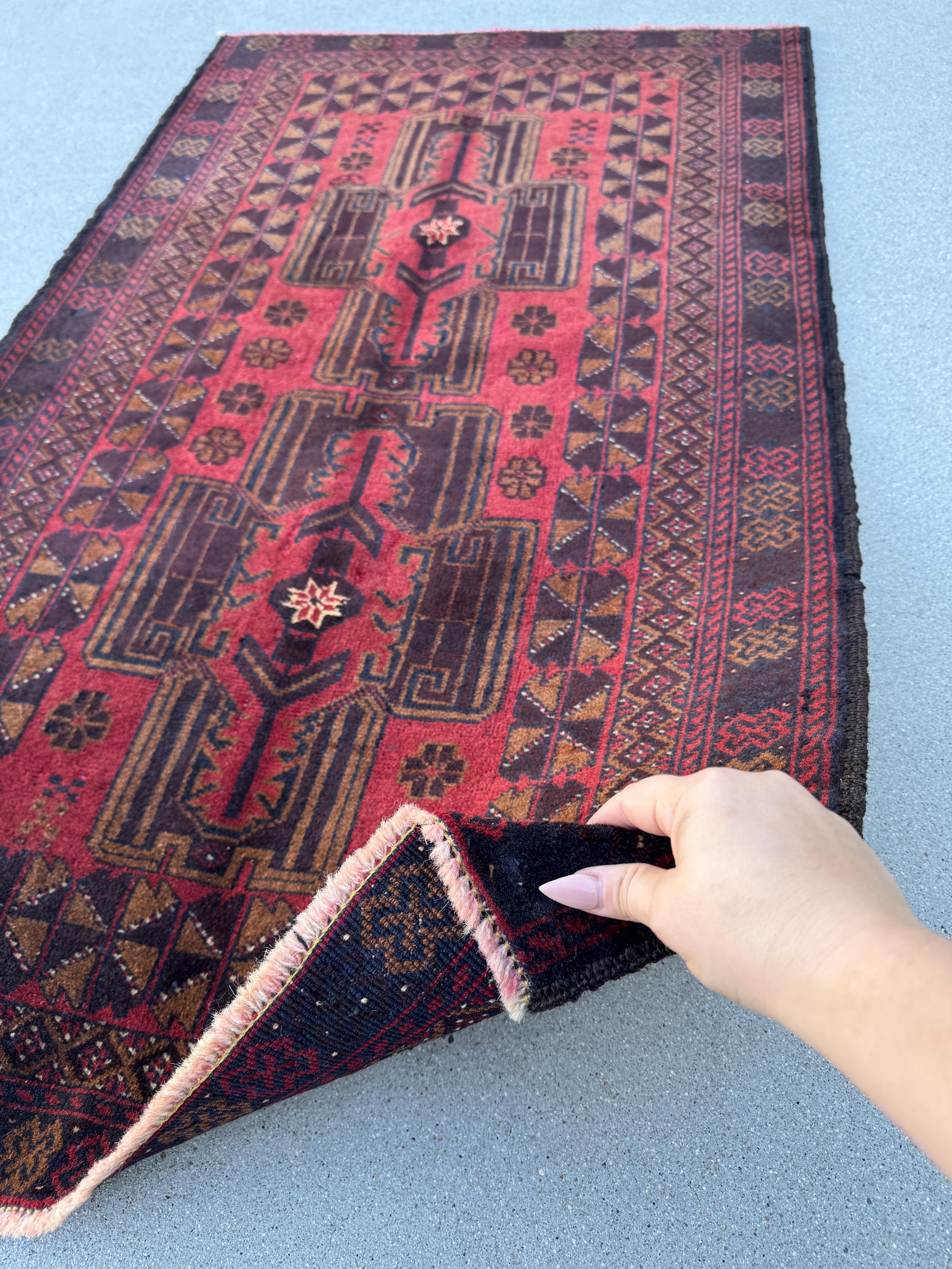 3x5 (91x152) Handmade Vintage Afghan Baluch Rug | Crimson Garnet Maroon Wine Red Black Rust Orange White Caramel Brown | Wool Traditional