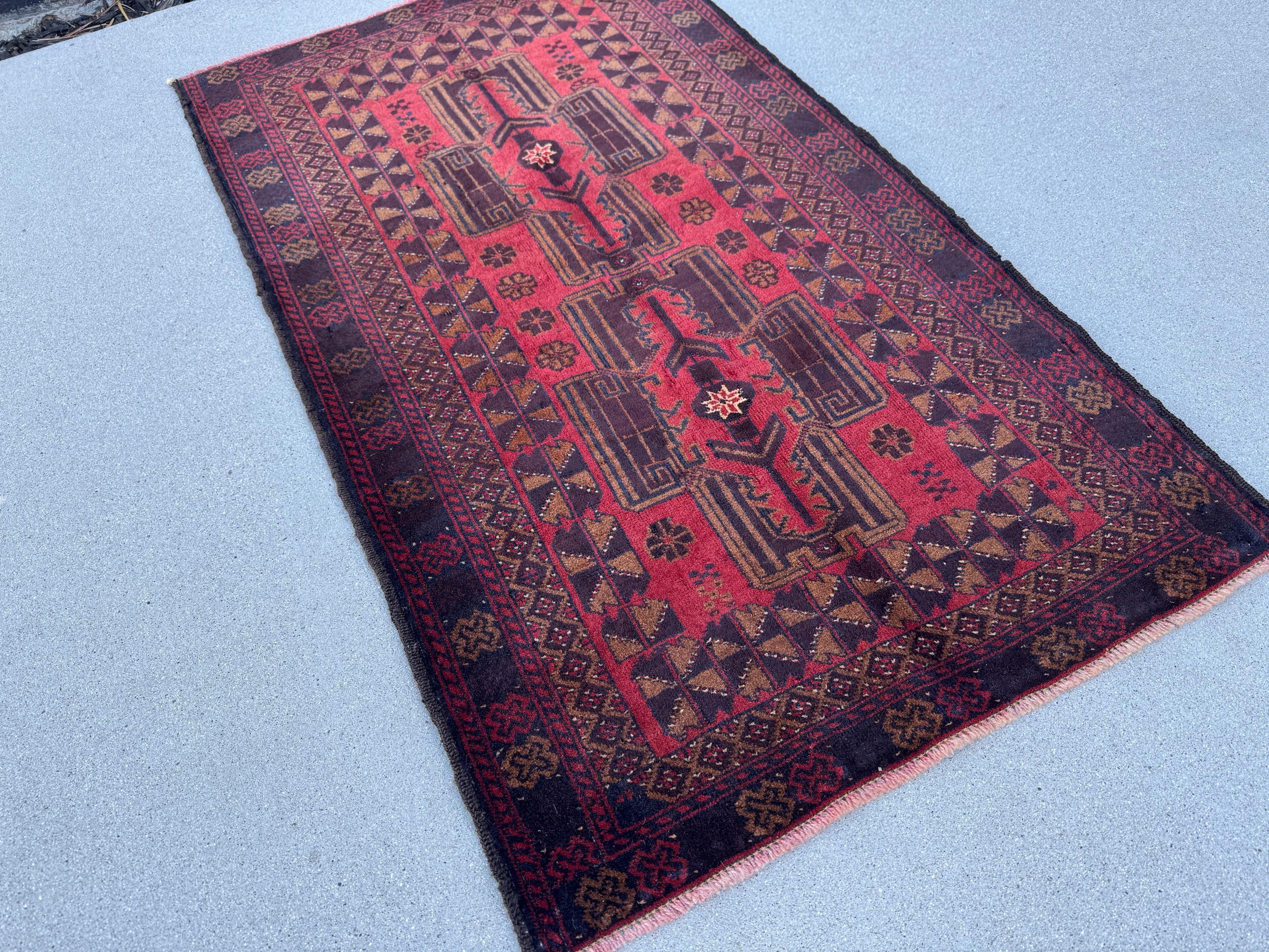 3x5 (91x152) Handmade Vintage Afghan Baluch Rug | Crimson Garnet Maroon Wine Red Black Rust Orange White Caramel Brown | Wool Traditional
