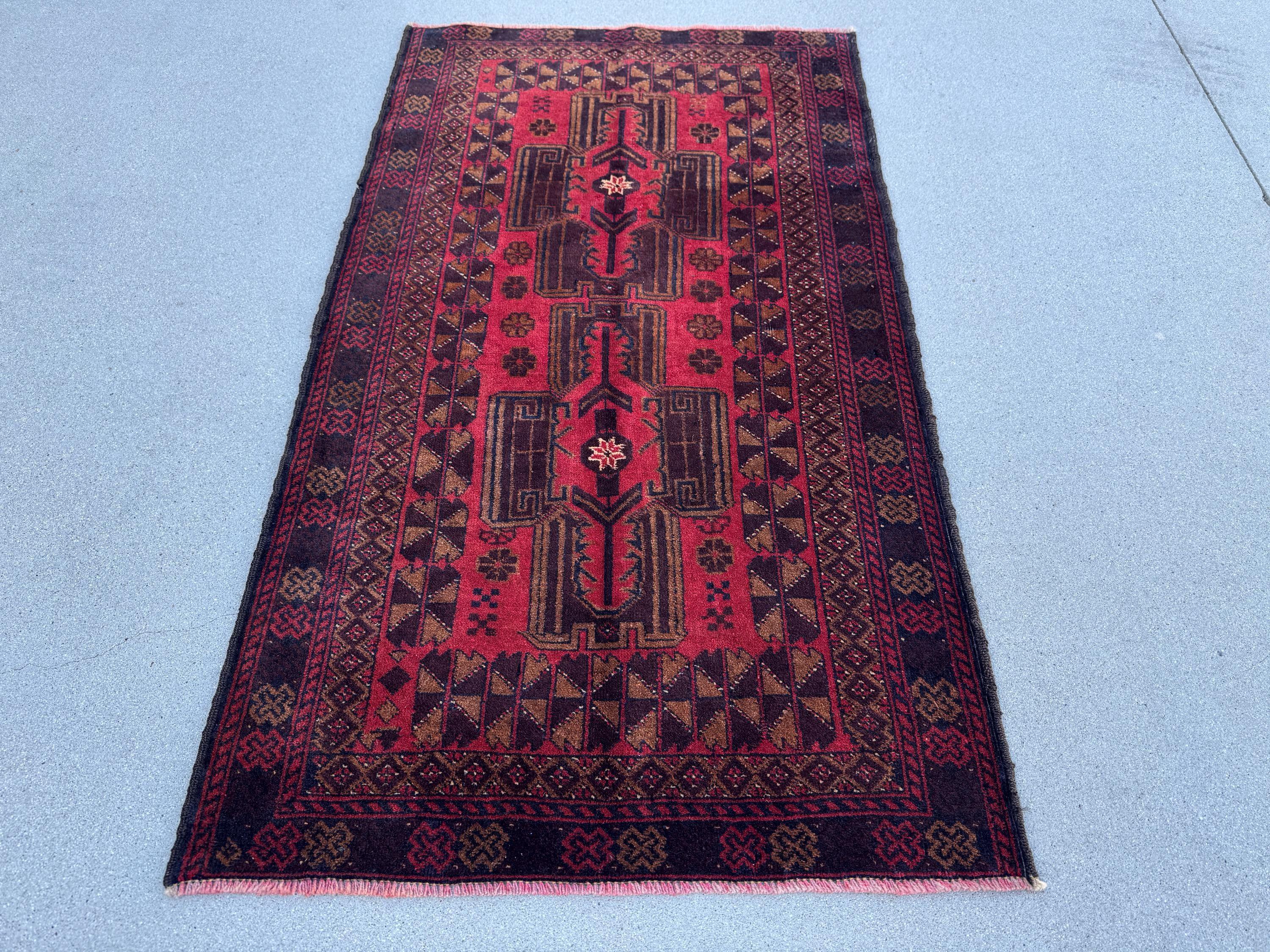 3x5 (91x152) Handmade Vintage Afghan Baluch Rug | Crimson Garnet Maroon Wine Red Black Rust Orange White Caramel Brown | Wool Traditional