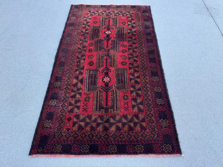 3x5 (91x152) Handmade Vintage Afghan Baluch Rug | Crimson Garnet Maroon Wine Red Black Rust Orange White Caramel Brown | Wool Traditional
