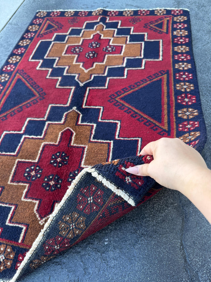3x4 (91x121) Handmade Vintage Afghan Baluch Rug | Blood Auburn Red Caramel Brown Midnight Navy Blue White Cream Gold | Wool Geometric