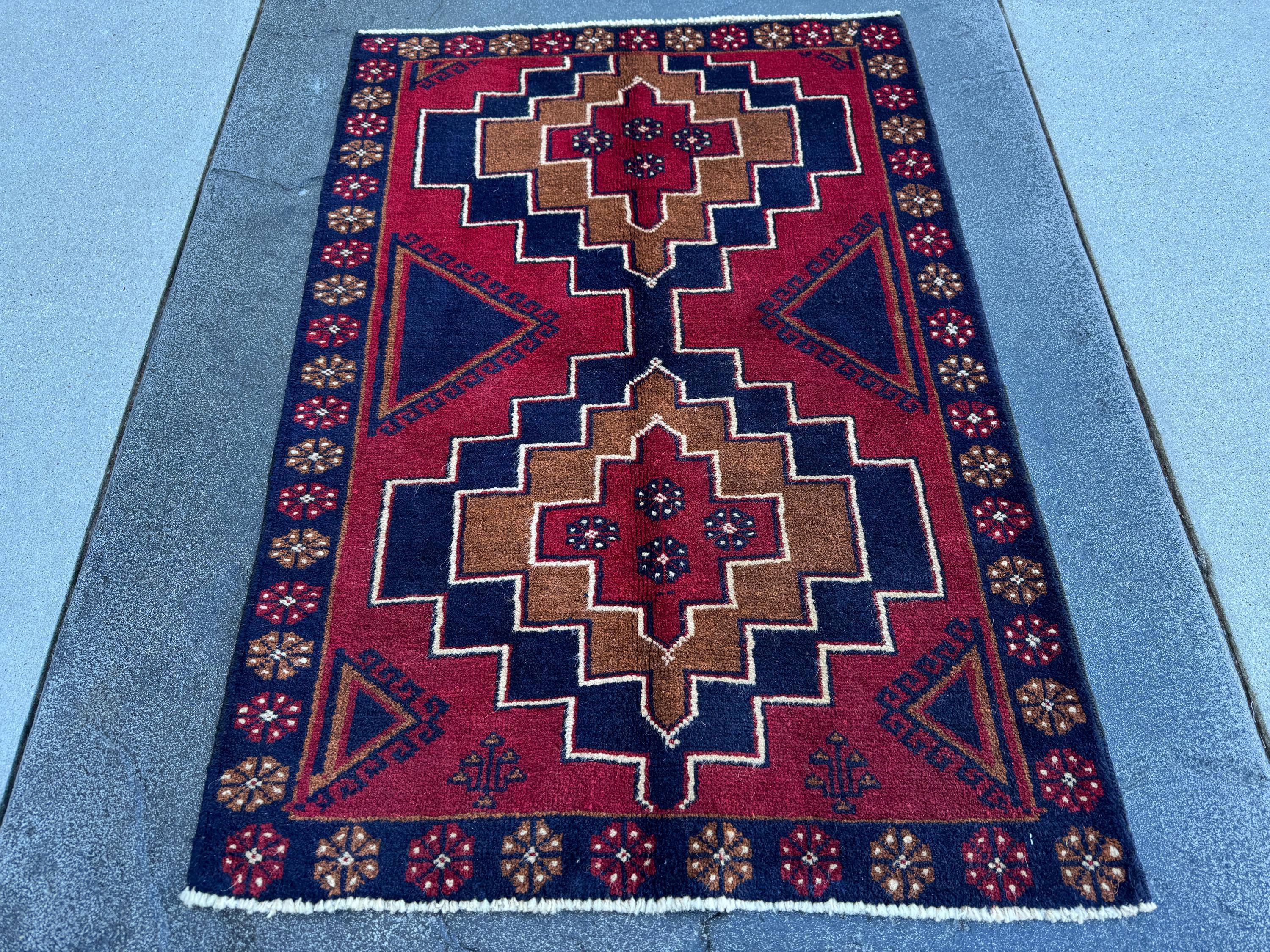 3x4 (91x121) Handmade Vintage Afghan Baluch Rug | Blood Auburn Red Caramel Brown Midnight Navy Blue White Cream Gold | Wool Geometric