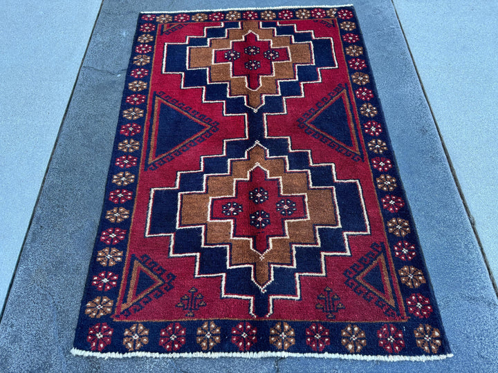 3x4 (91x121) Handmade Vintage Afghan Baluch Rug | Blood Auburn Red Caramel Brown Midnight Navy Blue White Cream Gold | Wool Geometric