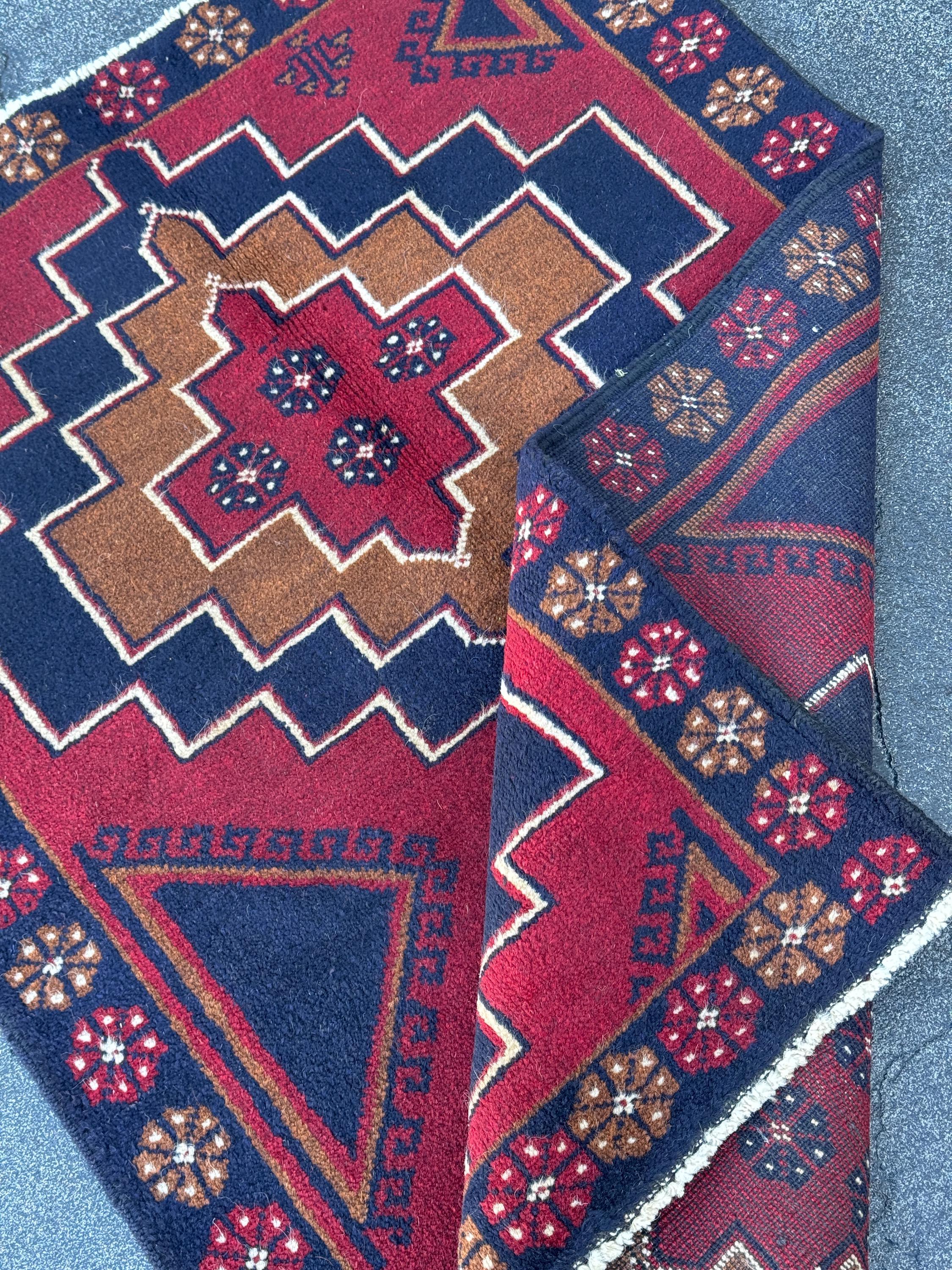 3x4 (91x121) Handmade Vintage Afghan Baluch Rug | Blood Auburn Red Caramel Brown Midnight Navy Blue White Cream Gold | Wool Geometric