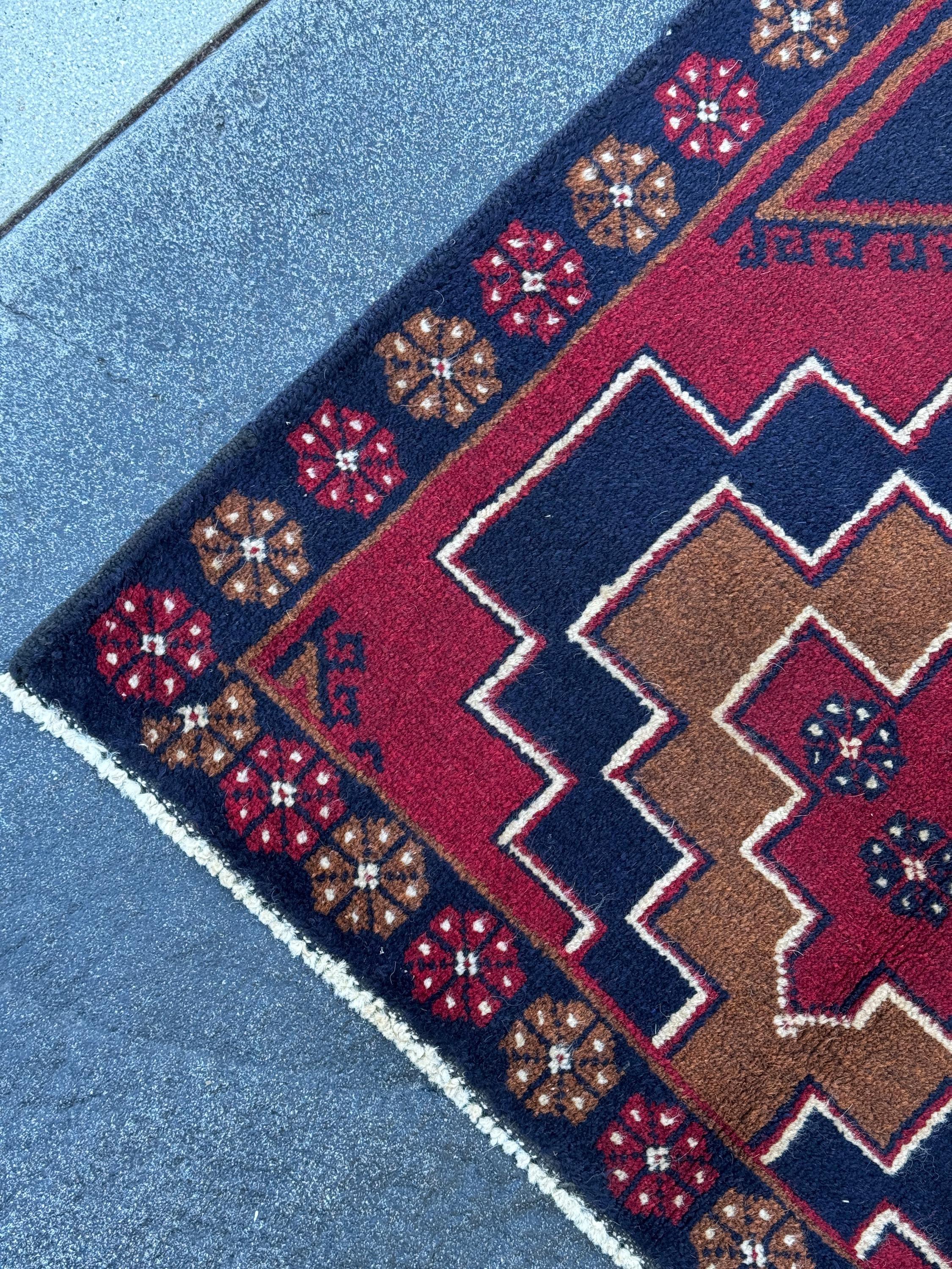 3x4 (91x121) Handmade Vintage Afghan Baluch Rug | Blood Auburn Red Caramel Brown Midnight Navy Blue White Cream Gold | Wool Geometric