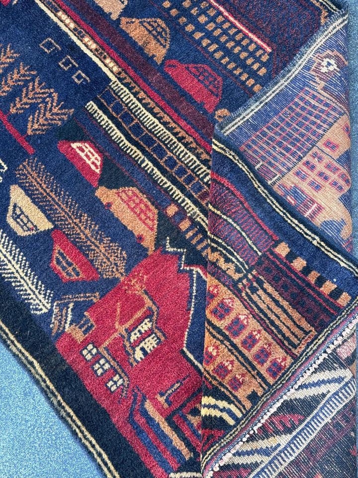 3x5 (91x152) Handmade Vintage Afghan Baluch Rug | Midnight Navy Blue Peach Orange Cream Burgundy Crimson Red Sand Caramel Brown | Wool