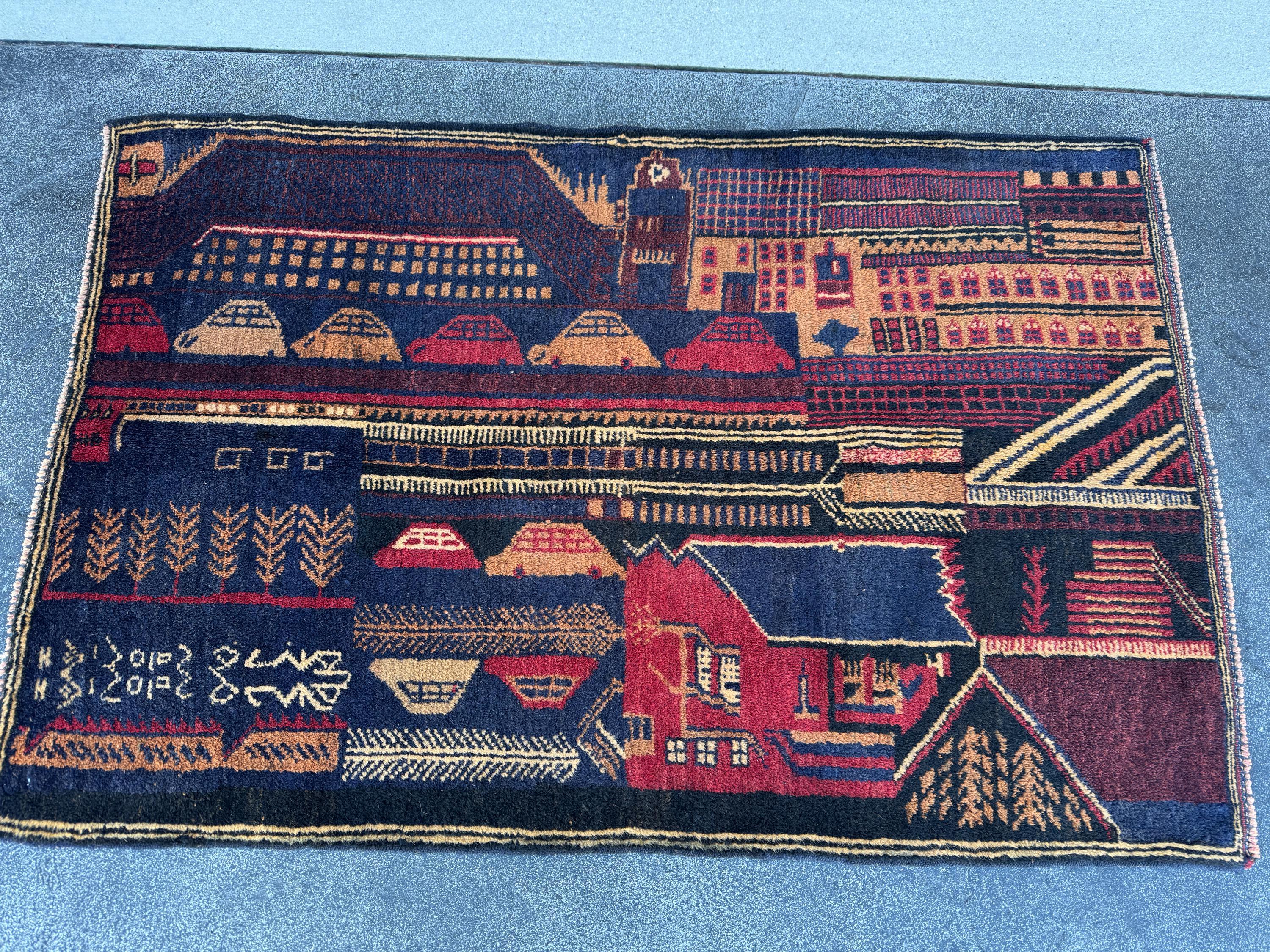 3x5 (91x152) Handmade Vintage Afghan Baluch Rug | Midnight Navy Blue Peach Orange Cream Burgundy Crimson Red Sand Caramel Brown | Wool