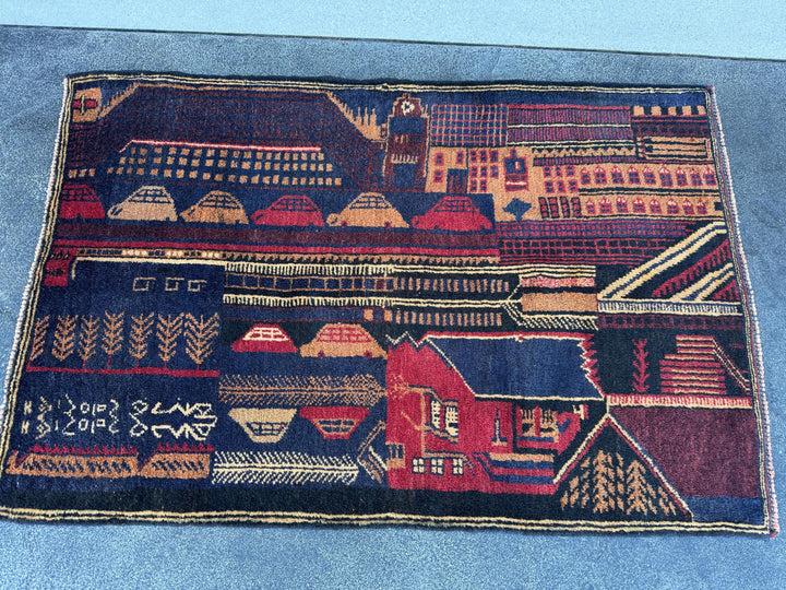 3x5 (91x152) Handmade Vintage Afghan Baluch Rug | Midnight Navy Blue Peach Orange Cream Burgundy Crimson Red Sand Caramel Brown | Wool