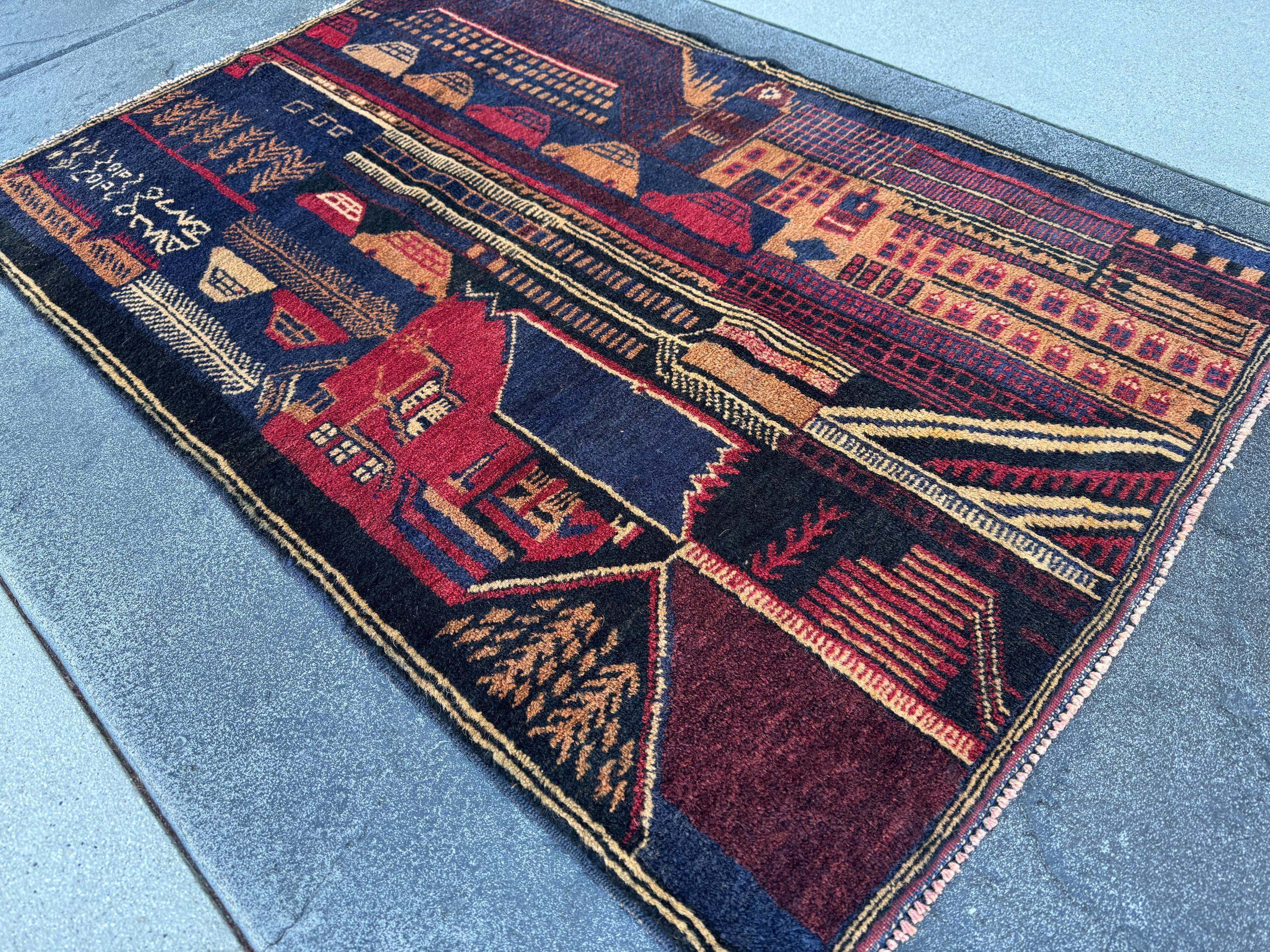 3x5 (91x152) Handmade Vintage Afghan Baluch Rug | Midnight Navy Blue Peach Orange Cream Burgundy Crimson Red Sand Caramel Brown | Wool