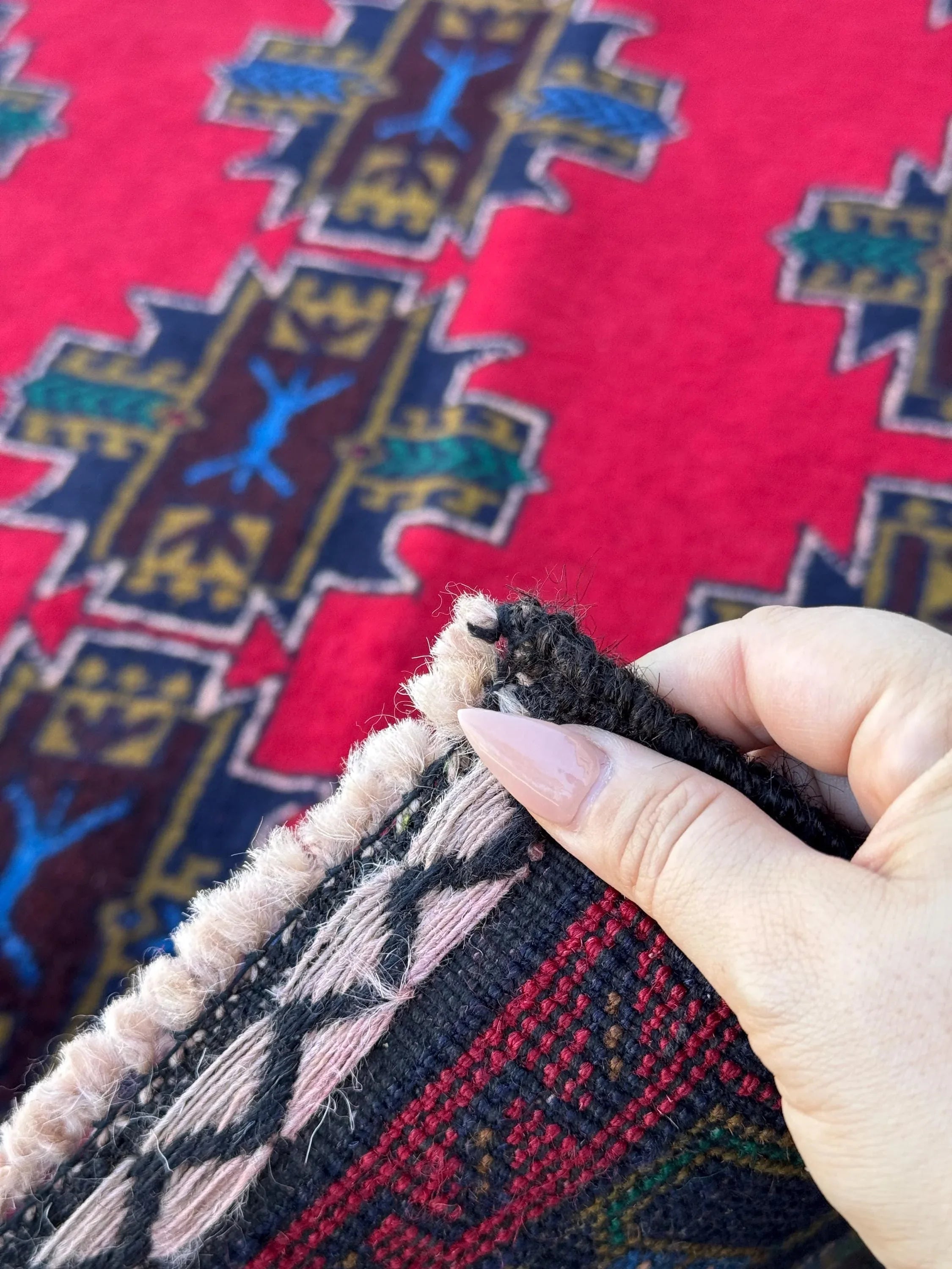3x5 (91x152) Handmade Vintage Afghan Baluch Rug | Crimson Wine Red Mustard Olive Pine Green Teal Denim Midnight Blue White Cream | Wool