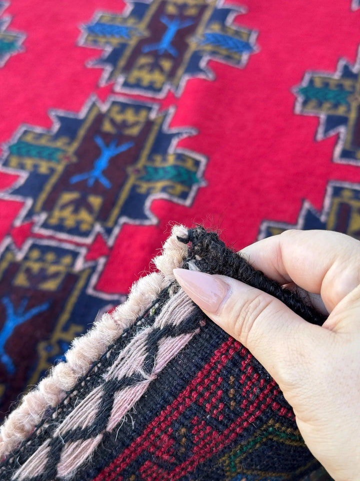3x5 (91x152) Handmade Vintage Afghan Baluch Rug | Crimson Wine Red Mustard Olive Pine Green Teal Denim Midnight Blue White Cream | Wool