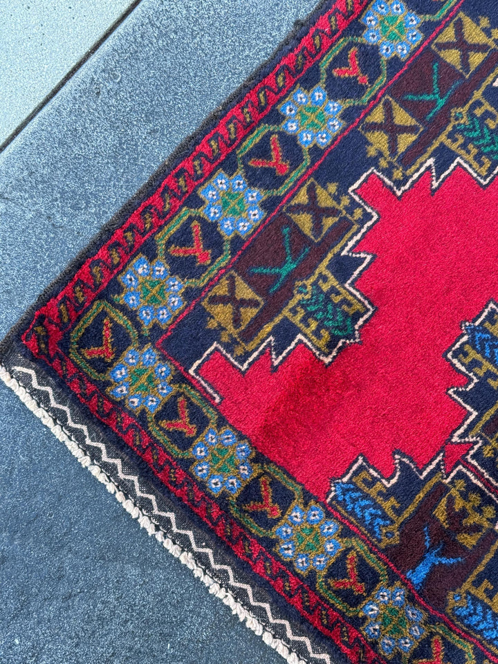 3x5 (91x152) Handmade Vintage Afghan Baluch Rug | Crimson Wine Red Mustard Olive Pine Green Teal Denim Midnight Blue White Cream | Wool