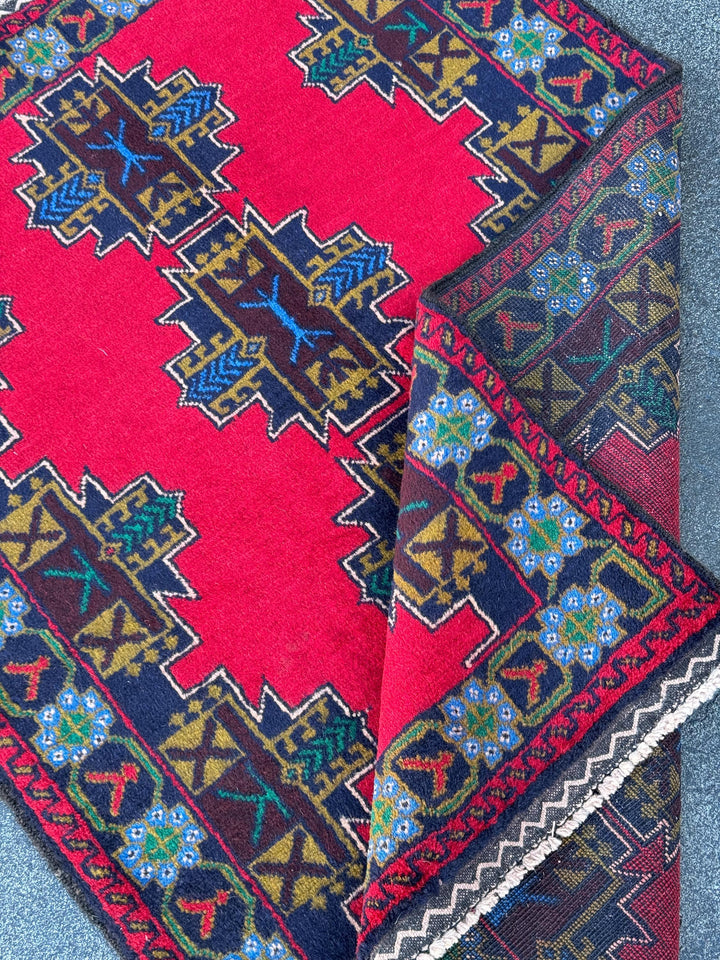 3x5 (91x152) Handmade Vintage Afghan Baluch Rug | Crimson Wine Red Mustard Olive Pine Green Teal Denim Midnight Blue White Cream | Wool