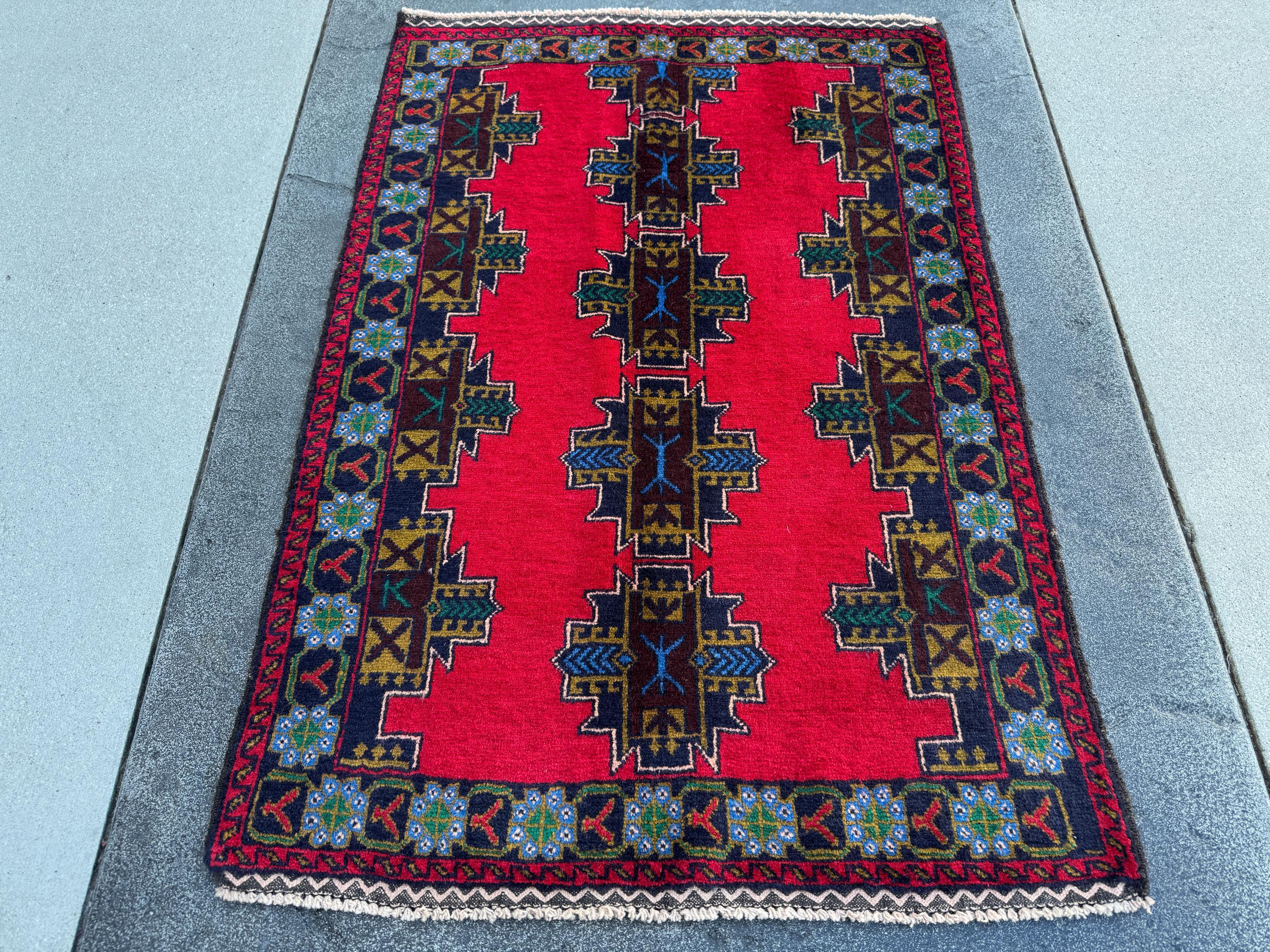 3x5 (91x152) Handmade Vintage Afghan Baluch Rug | Crimson Wine Red Mustard Olive Pine Green Teal Denim Midnight Blue White Cream | Wool