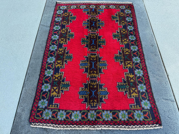 3x5 (91x152) Handmade Vintage Afghan Baluch Rug | Crimson Wine Red Mustard Olive Pine Green Teal Denim Midnight Blue White Cream | Wool