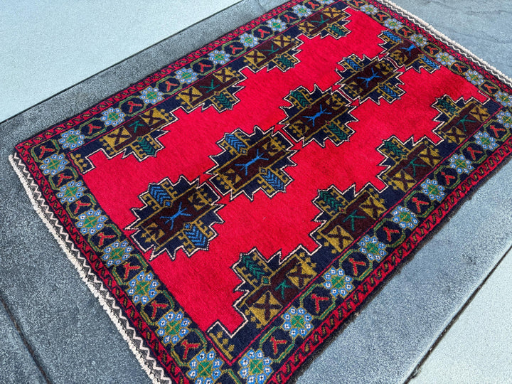 3x5 (91x152) Handmade Vintage Afghan Baluch Rug | Crimson Wine Red Mustard Olive Pine Green Teal Denim Midnight Blue White Cream | Wool